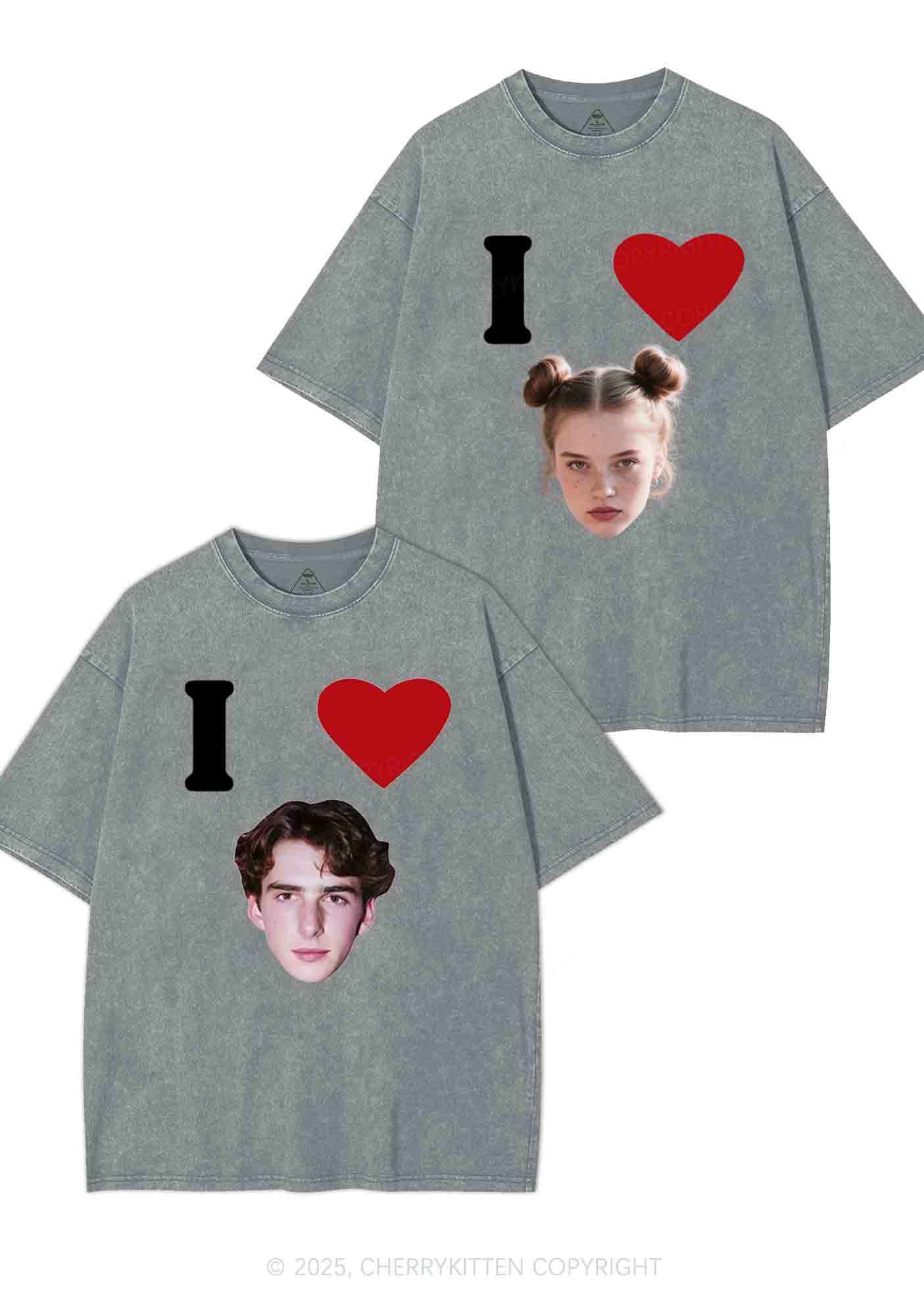 I Love Custom Portrait Y2K Valentine's Day Washed Tee Cherrykitten - Image 9