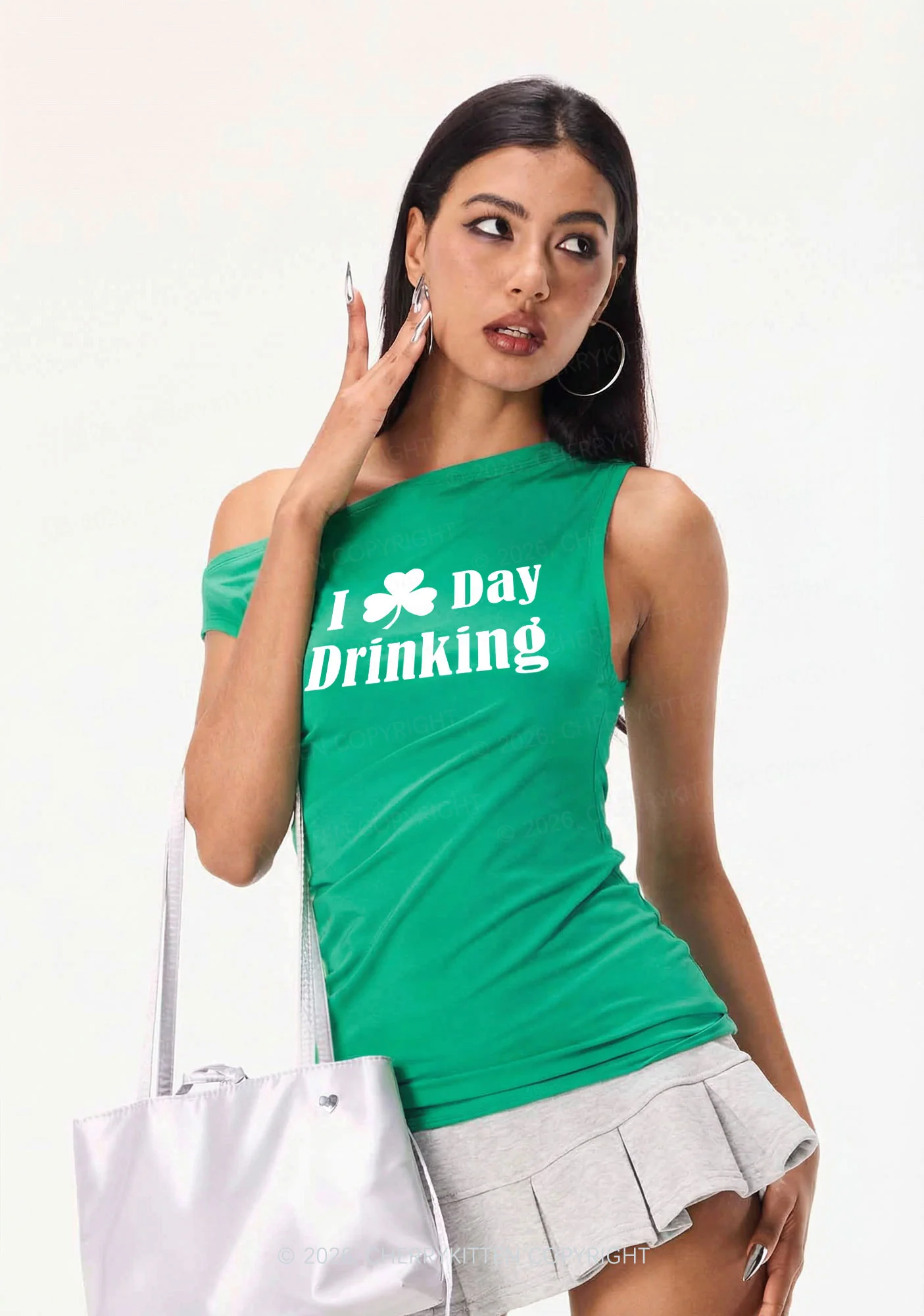 I Love Day Drinking St Patricks Y2K Off Shoulder Tank Top Cherrykitten - Image 2