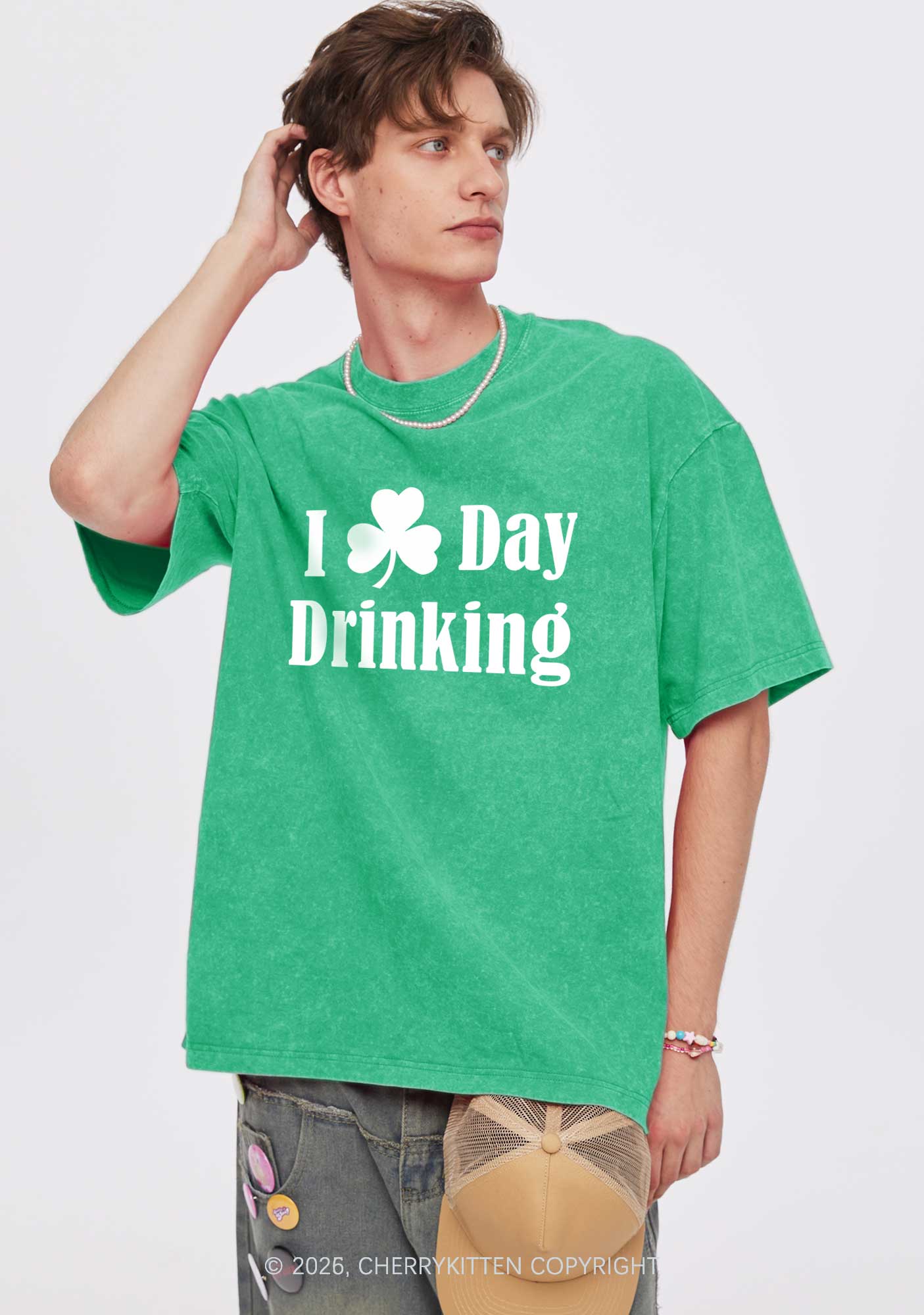 I Love Day Drinking St Patricks Y2K Washed Tee Cherrykitten - Image 2