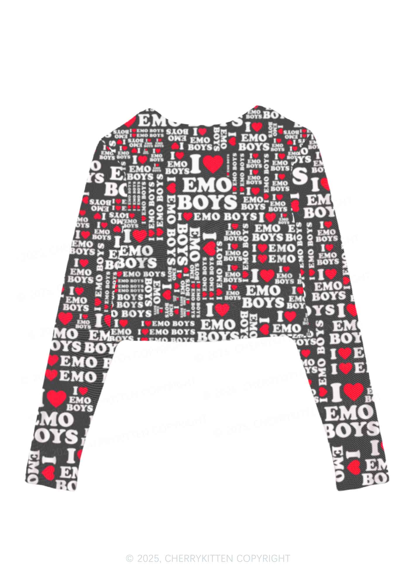 I Love Emo Boys Y2K Mesh Long Sleeve Crop Top Cherrykitten - Image 2