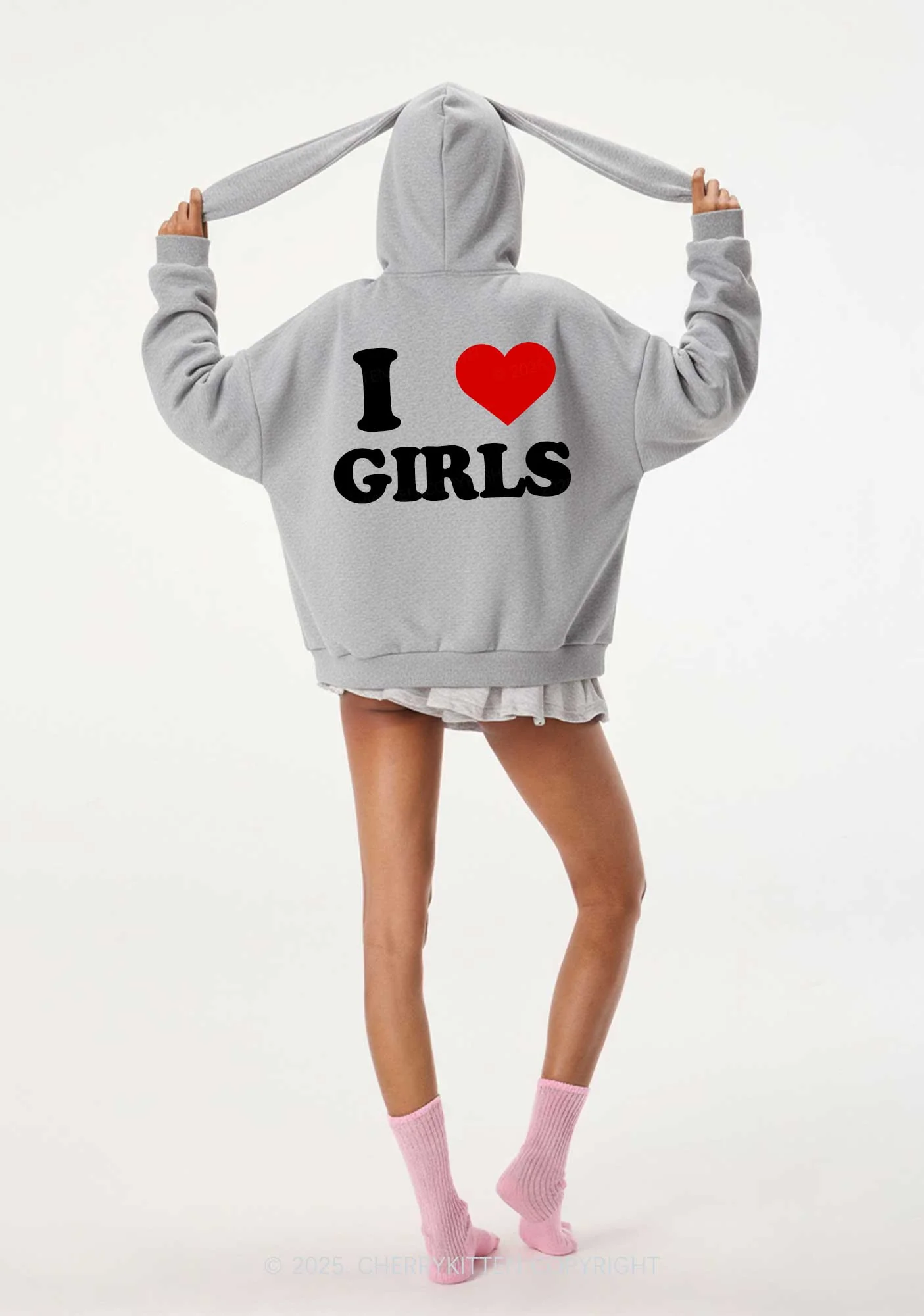 I Love Girls Y2K Bunny Ear Zip Hoodie Cherrykitten - Image 2