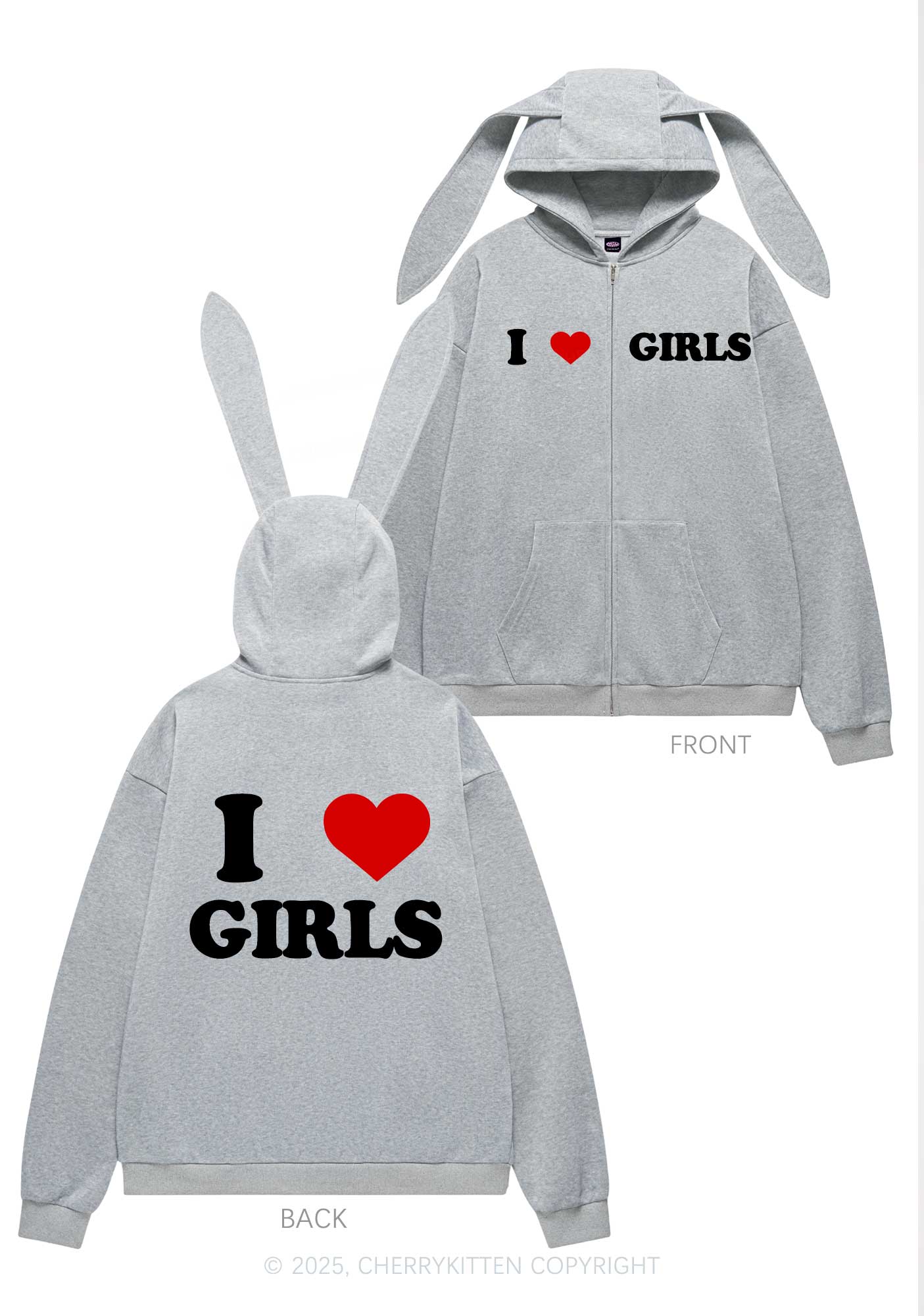 I Love Girls Y2K Bunny Ear Zip Hoodie Cherrykitten - Image 4