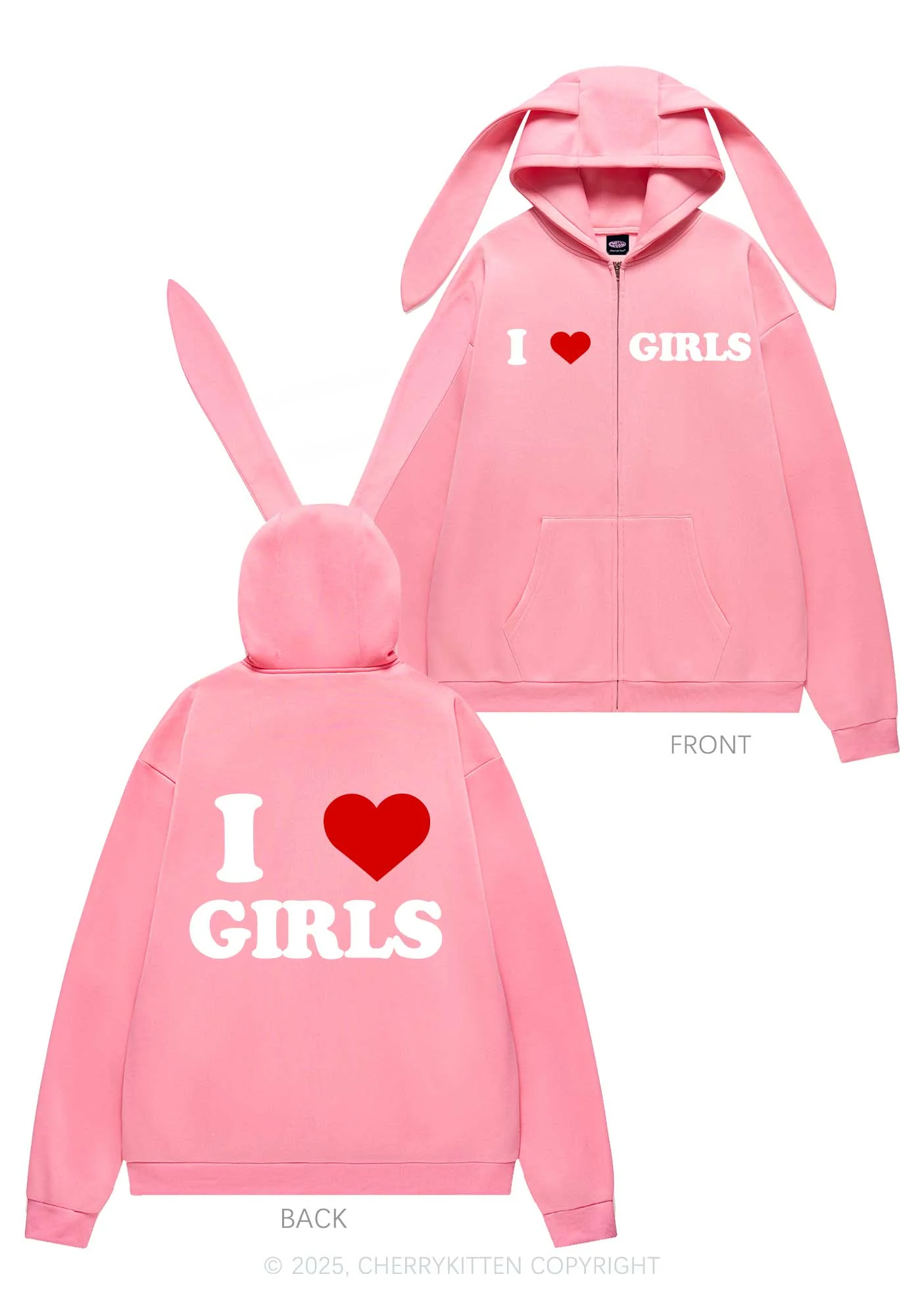 I Love Girls Y2K Bunny Ear Zip Hoodie Cherrykitten - Image 5