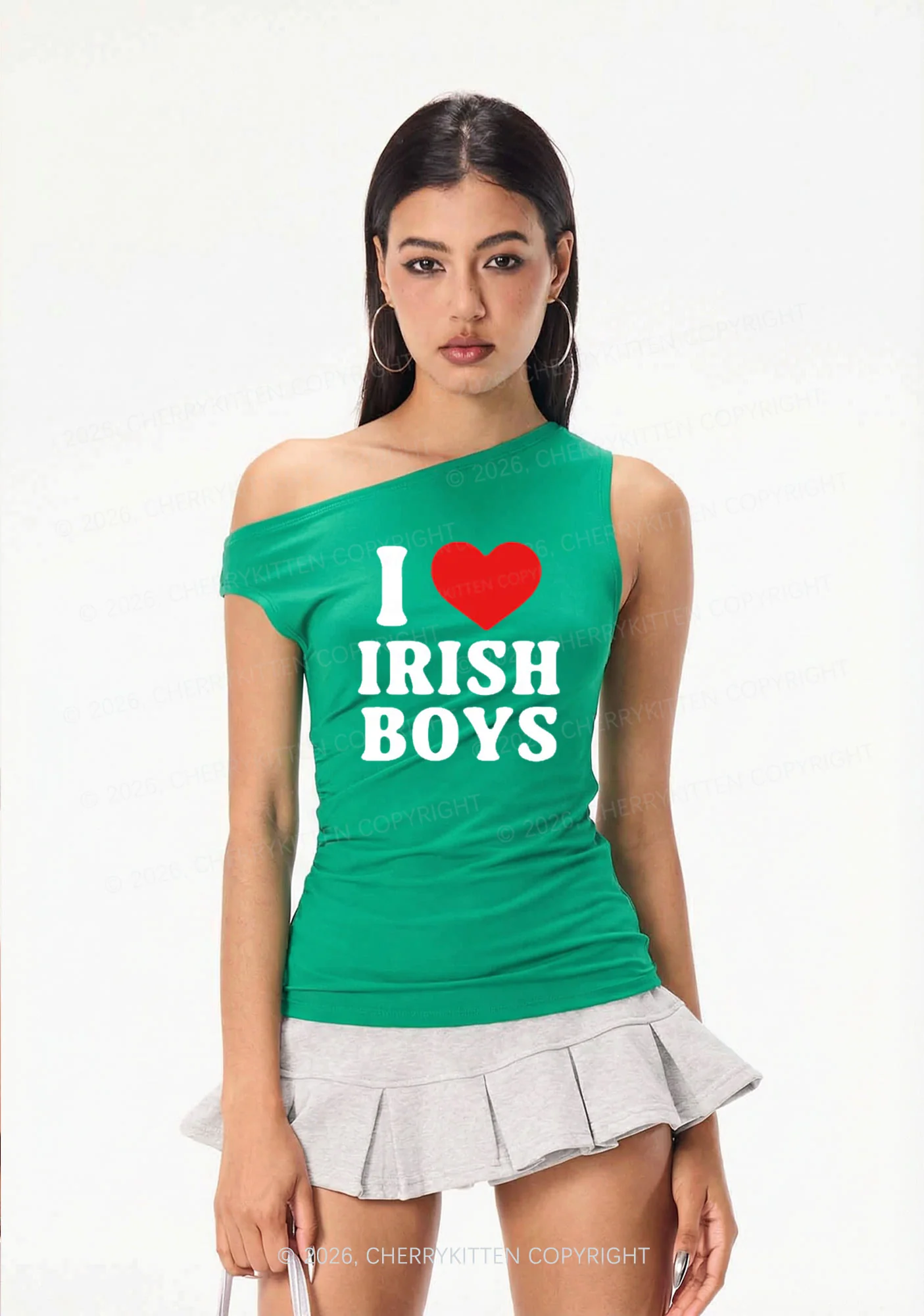 I Love Irish Boys St Patricks Y2K Off Shoulder Tank Top Cherrykitten - Image 2