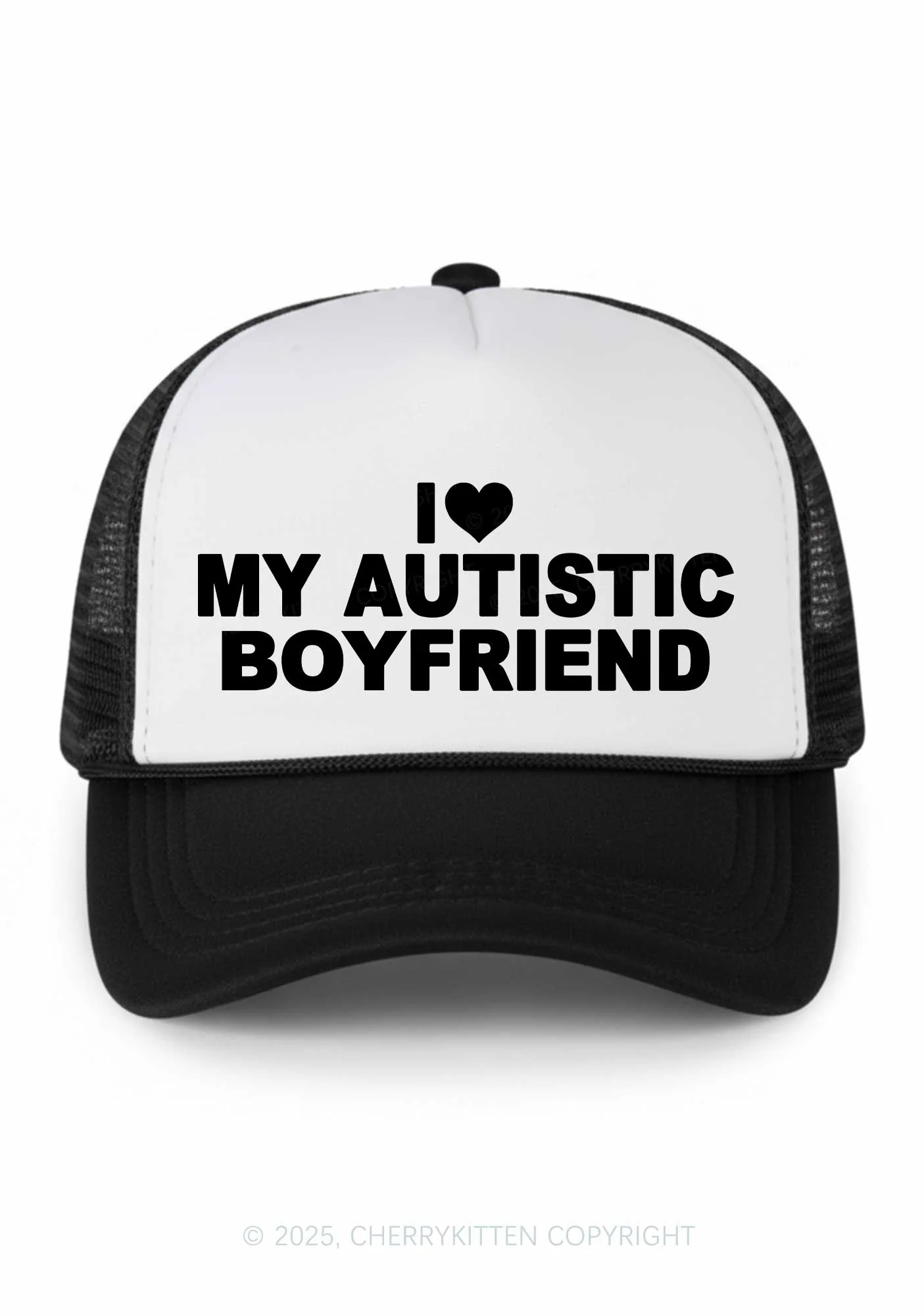 I Love My Autistic GF BF Valentine's Day Y2K Colorblock Trucker Hat Cherrykitten - Image 3