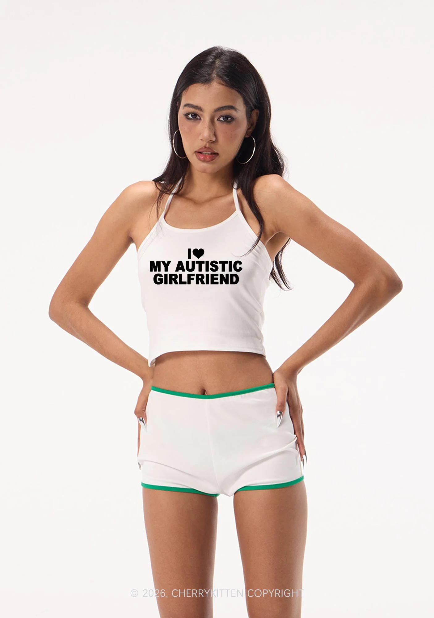 I Love My Autistic GF Valentine's Day Y2K Halter Neck Cami Cherrykitten - Image 2