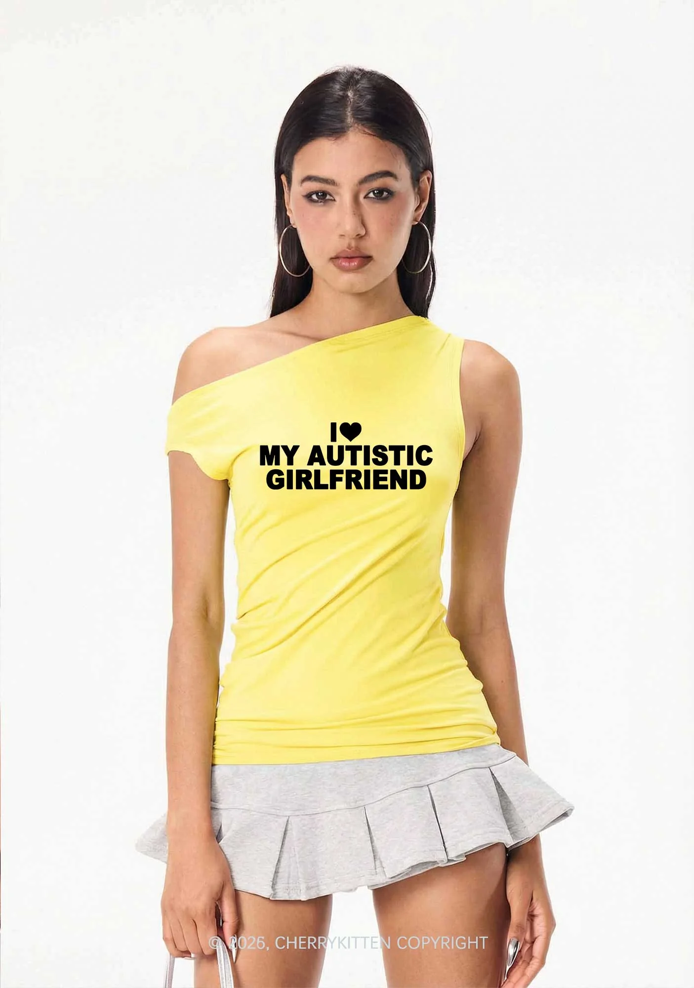 I Love My Autistic GF Valentine's Day Y2K Off Shoulder Tank Top Cherrykitten - Image 2