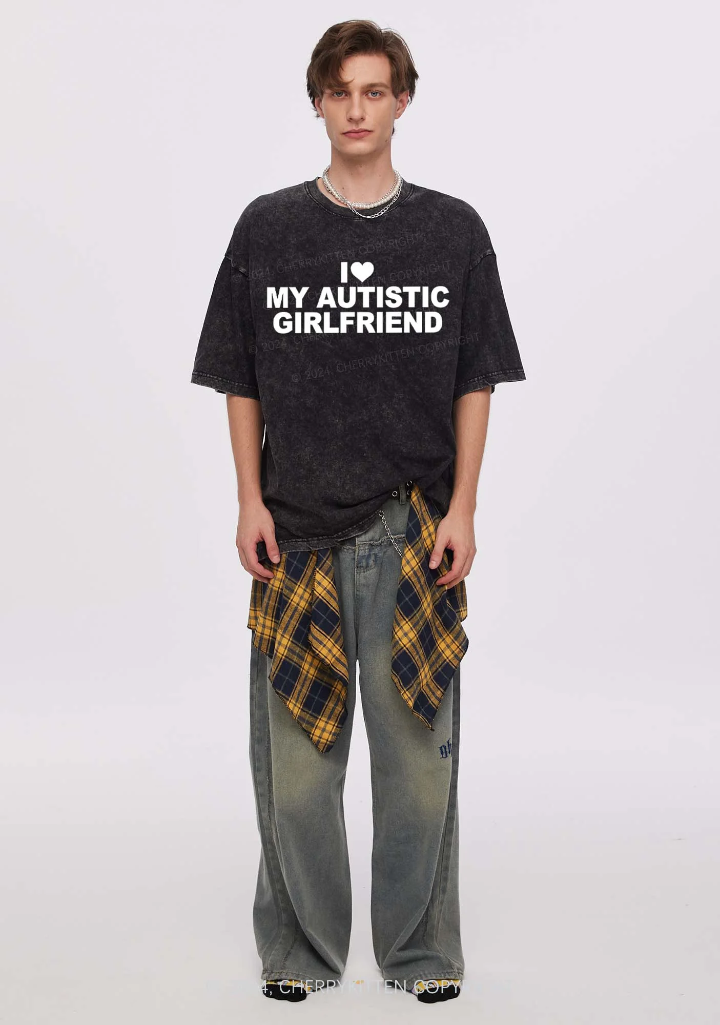 I Love My Autistic GF Y2K Valentine's Day Washed Tee Cherrykitten - Image 3