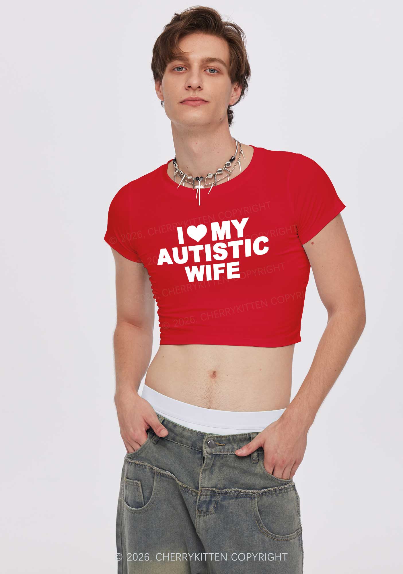 I Love My Autistic Wife Y2K Baby Tee Cherrykitten - Image 2