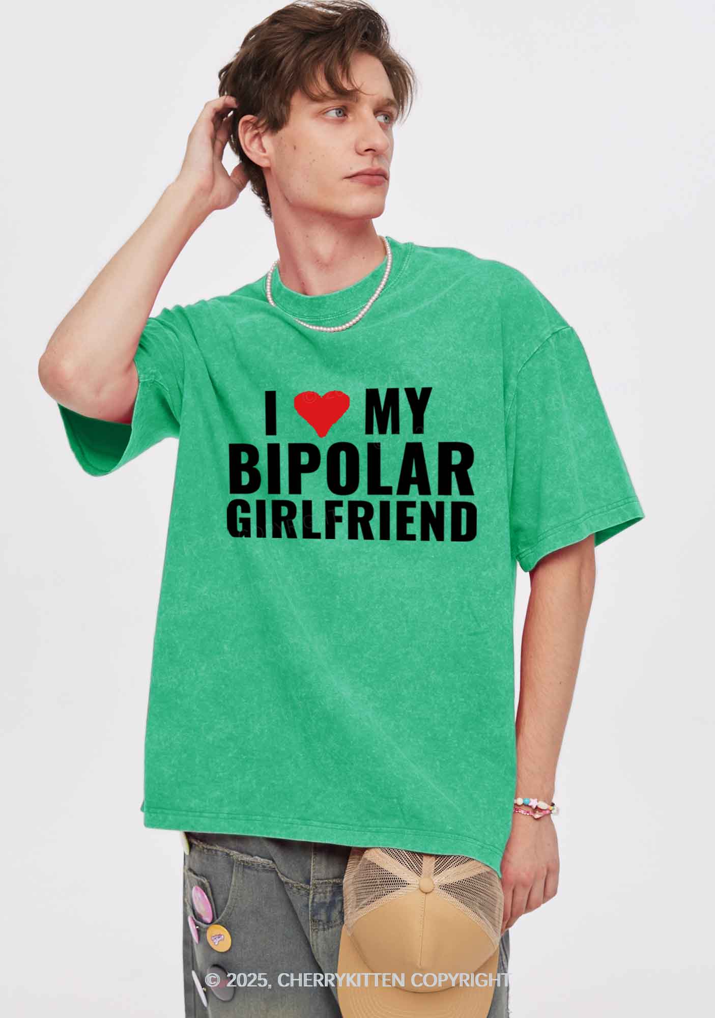 I Love My Bipolar GF BF Y2K Valentine's Day Washed Tee Cherrykitten - Image 3