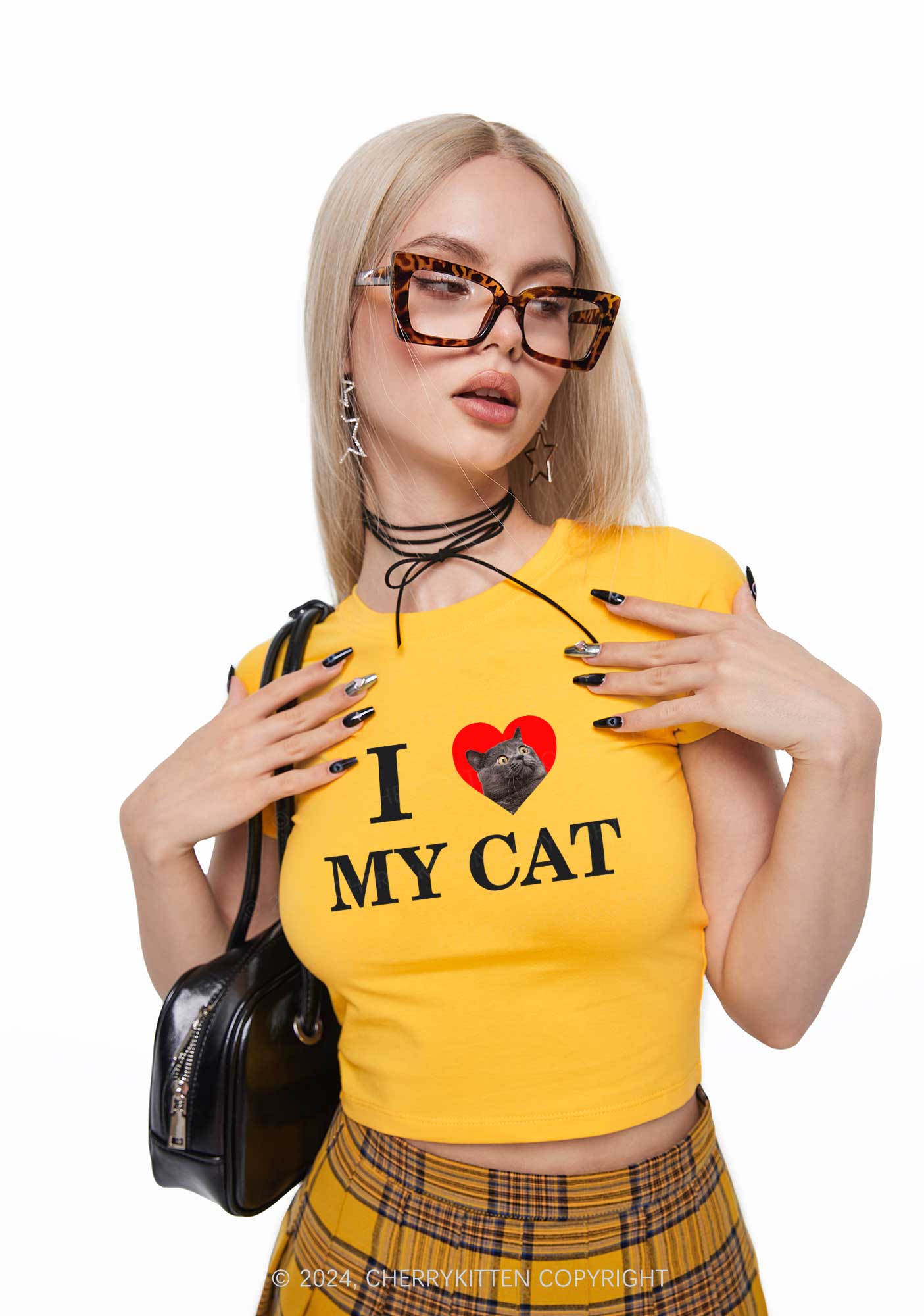 I Love My Cat Custom Photo Y2K Baby Tee Cherrykitten - Image 3