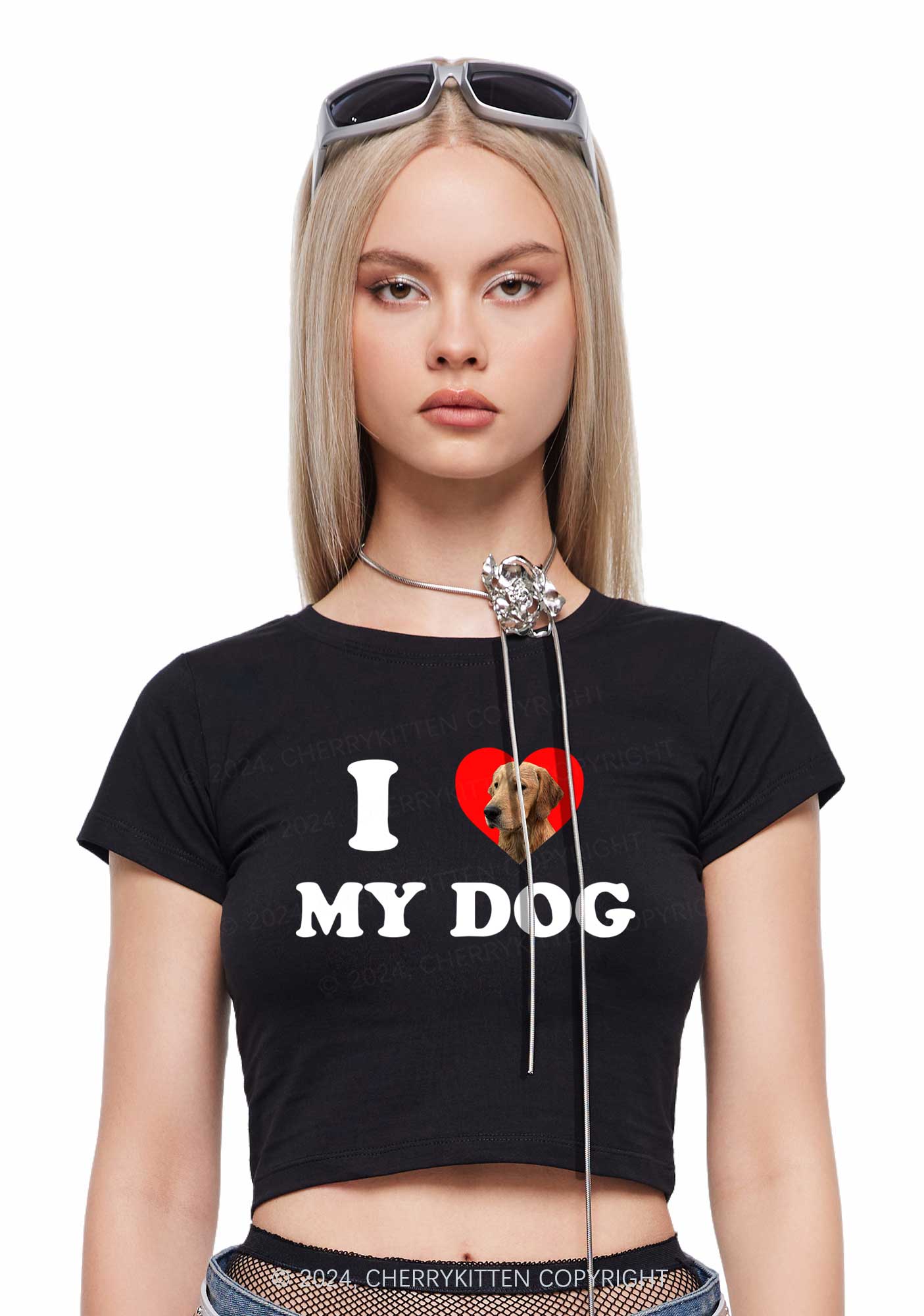 I Love My Dog Custom Photo Y2K Baby Tee Cherrykitten - Image 3
