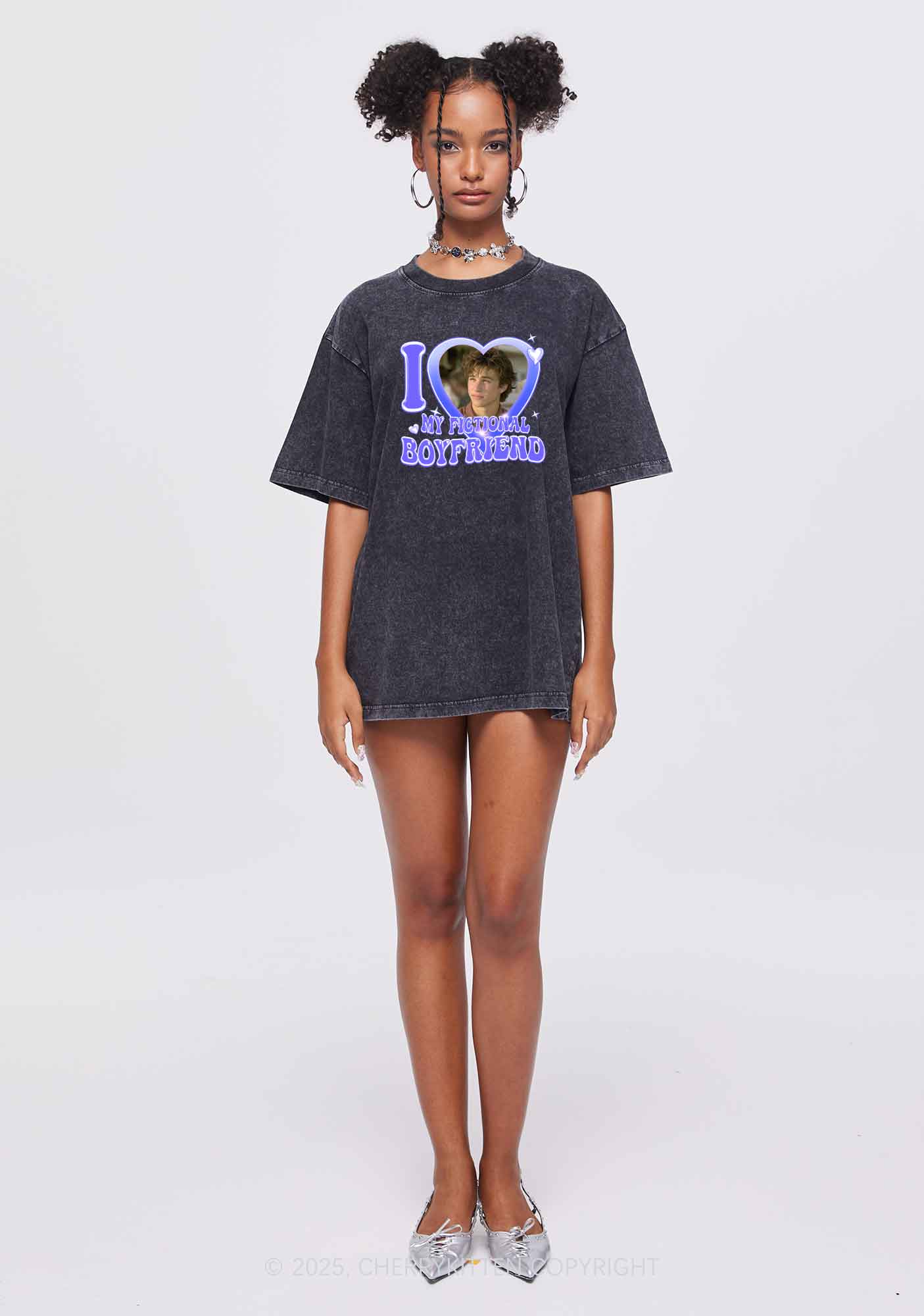 I Love My Fictional GF BF Y2K Valentine's Day Washed Tee Cherrykitten - Image 2