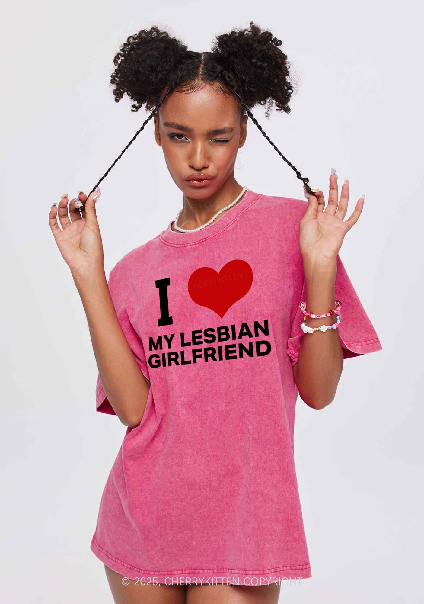 I Love My Lesbian GF Y2K Shirts Washed Tee Cherrykitten - Image 2
