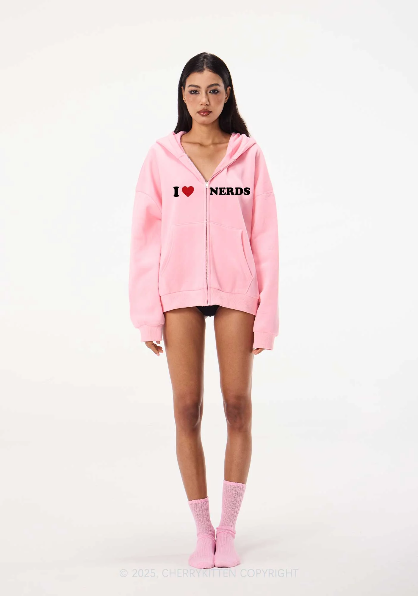 I Love Nerds Y2K Bunny Ear Zip Hoodie Cherrykitten - Image 2