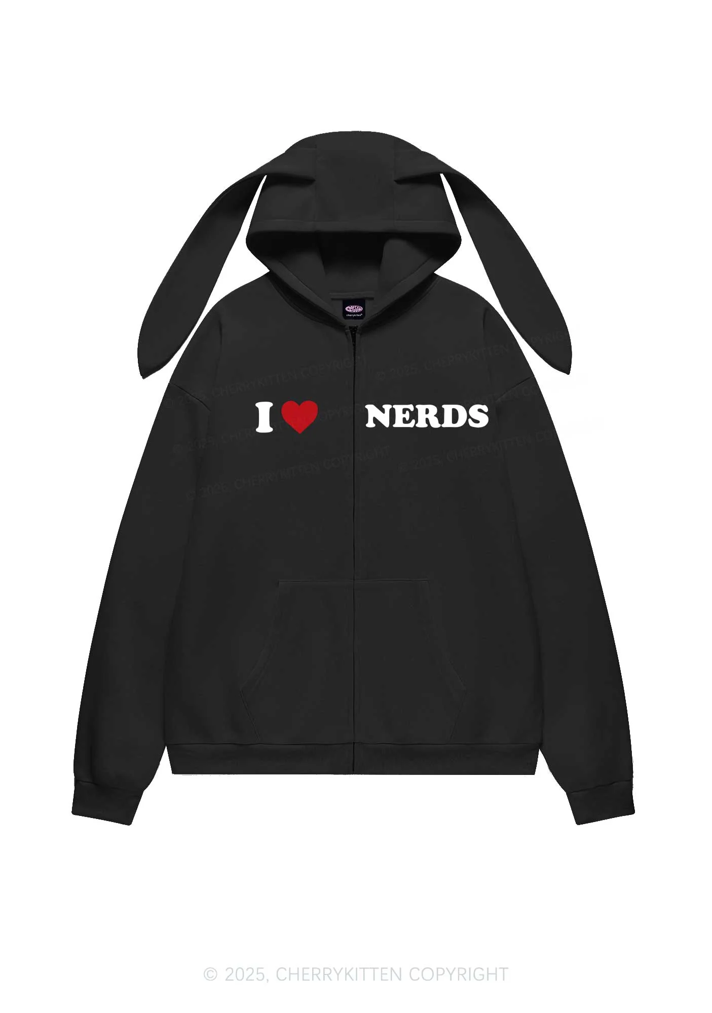 I Love Nerds Y2K Bunny Ear Zip Hoodie Cherrykitten - Image 3
