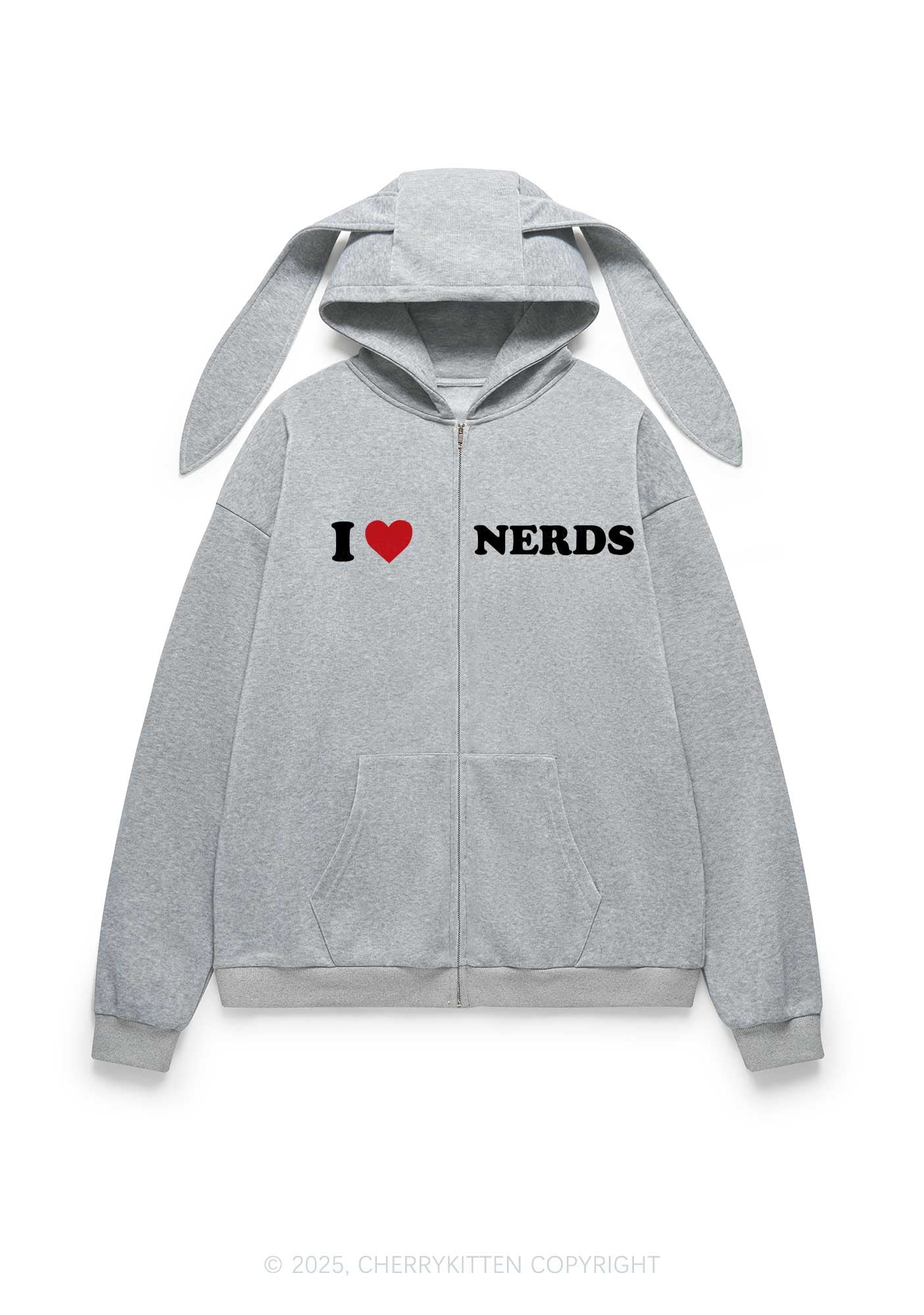 I Love Nerds Y2K Bunny Ear Zip Hoodie Cherrykitten - Image 4