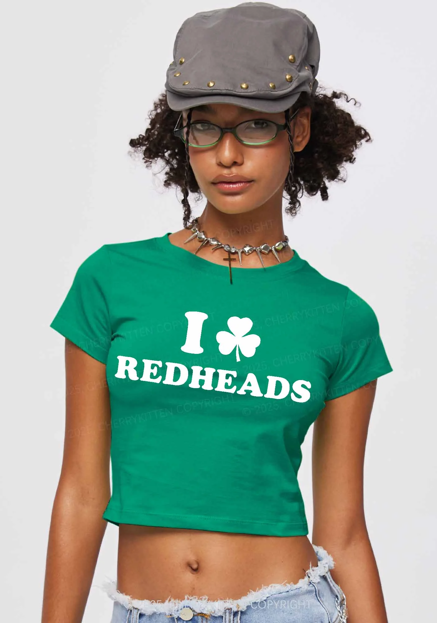 I Love Redheads St Patricks Y2K Baby Tee Cherrykitten - Image 2