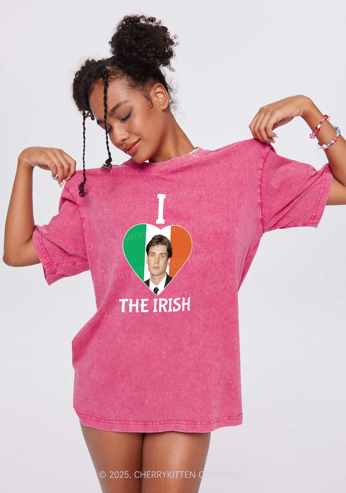 I Love The Irish Custom Photo St Patricks Y2K Washed Tee Cherrykitten - Image 2