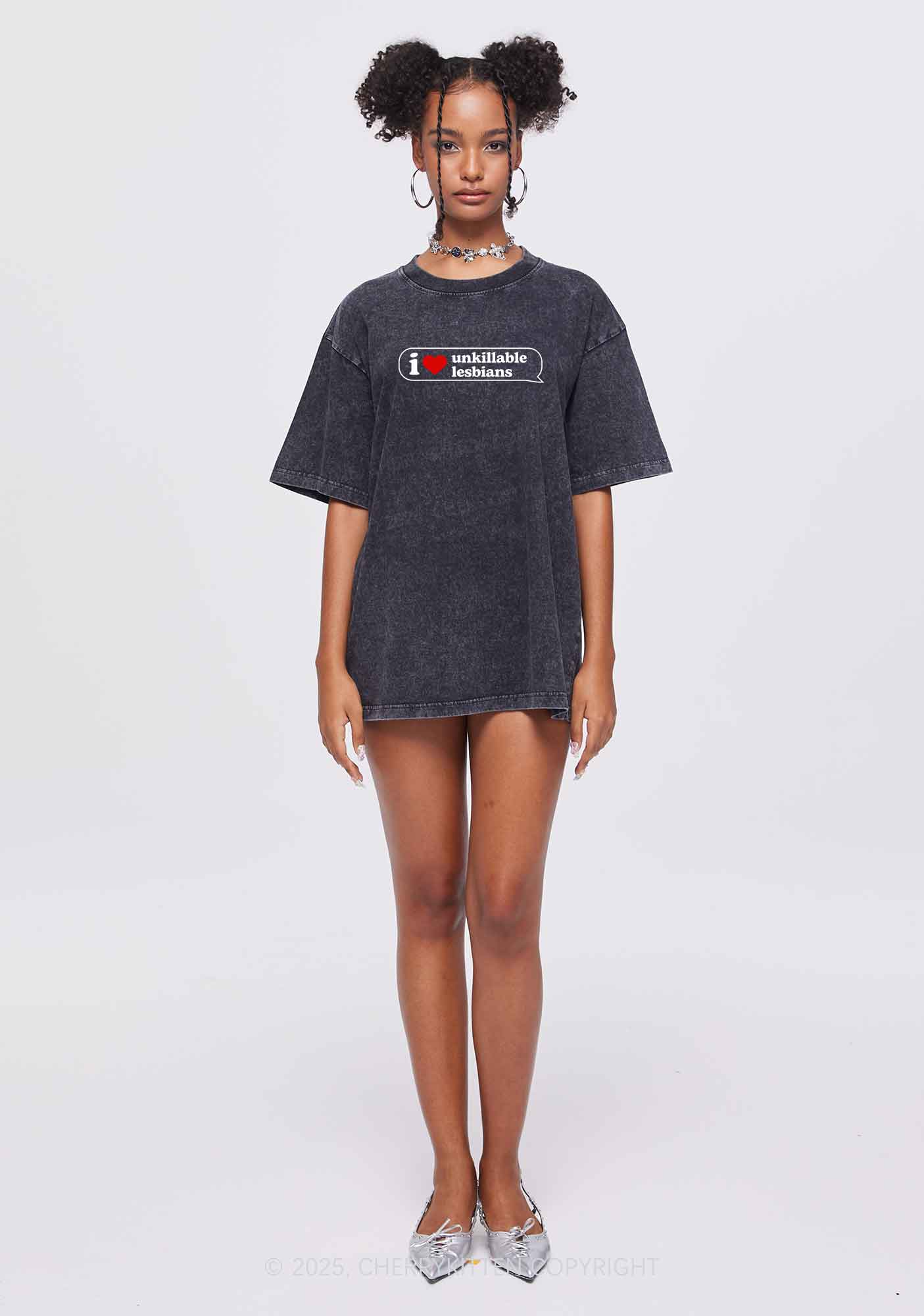 I Love Unkillable Lesbians Pride Y2K Shirts Washed Tee Cherrykitten - Image 2