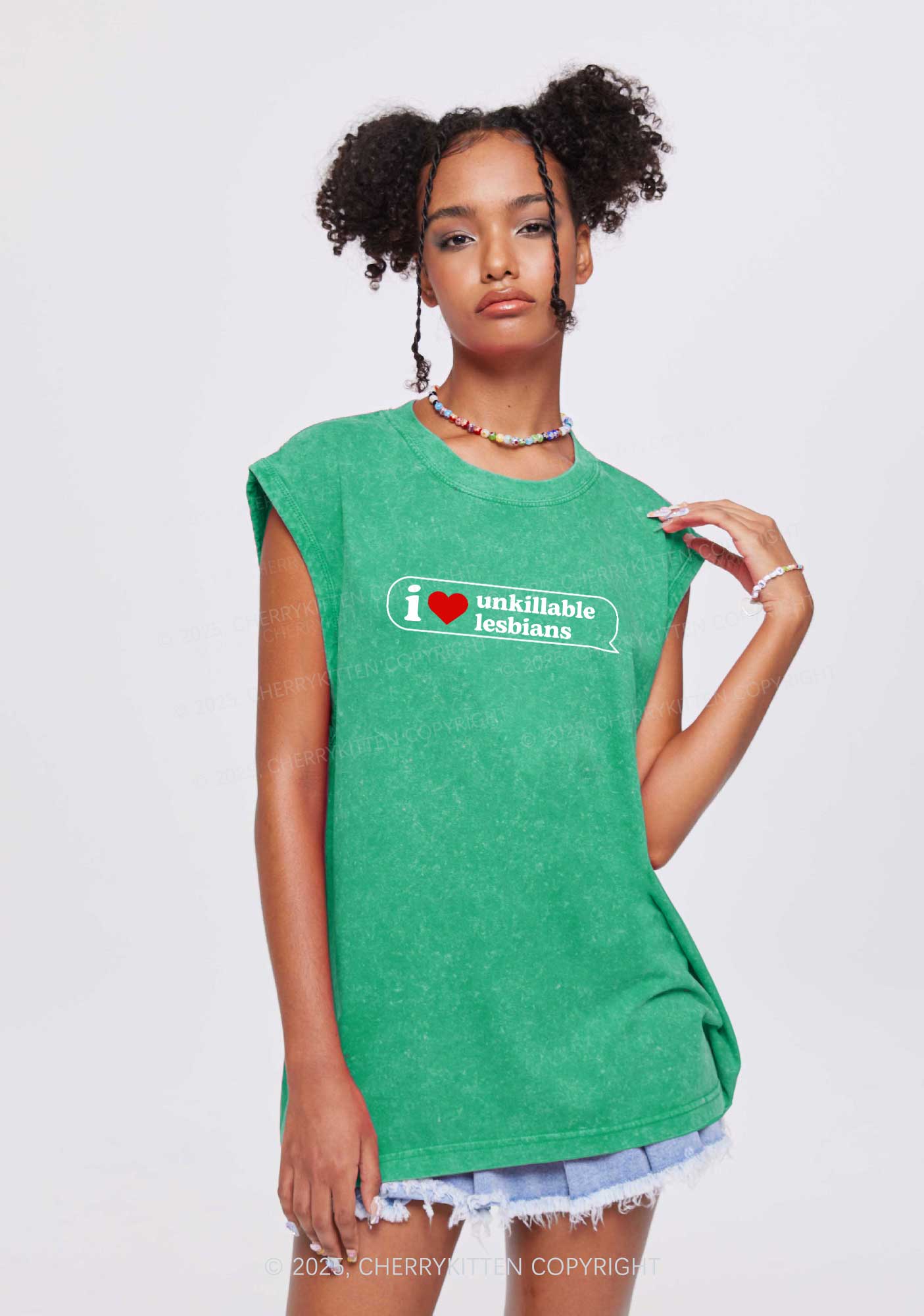 I Love Unkillable Lesbians Pride Y2K Washed Muscle Tank Cherrykitten - Image 2