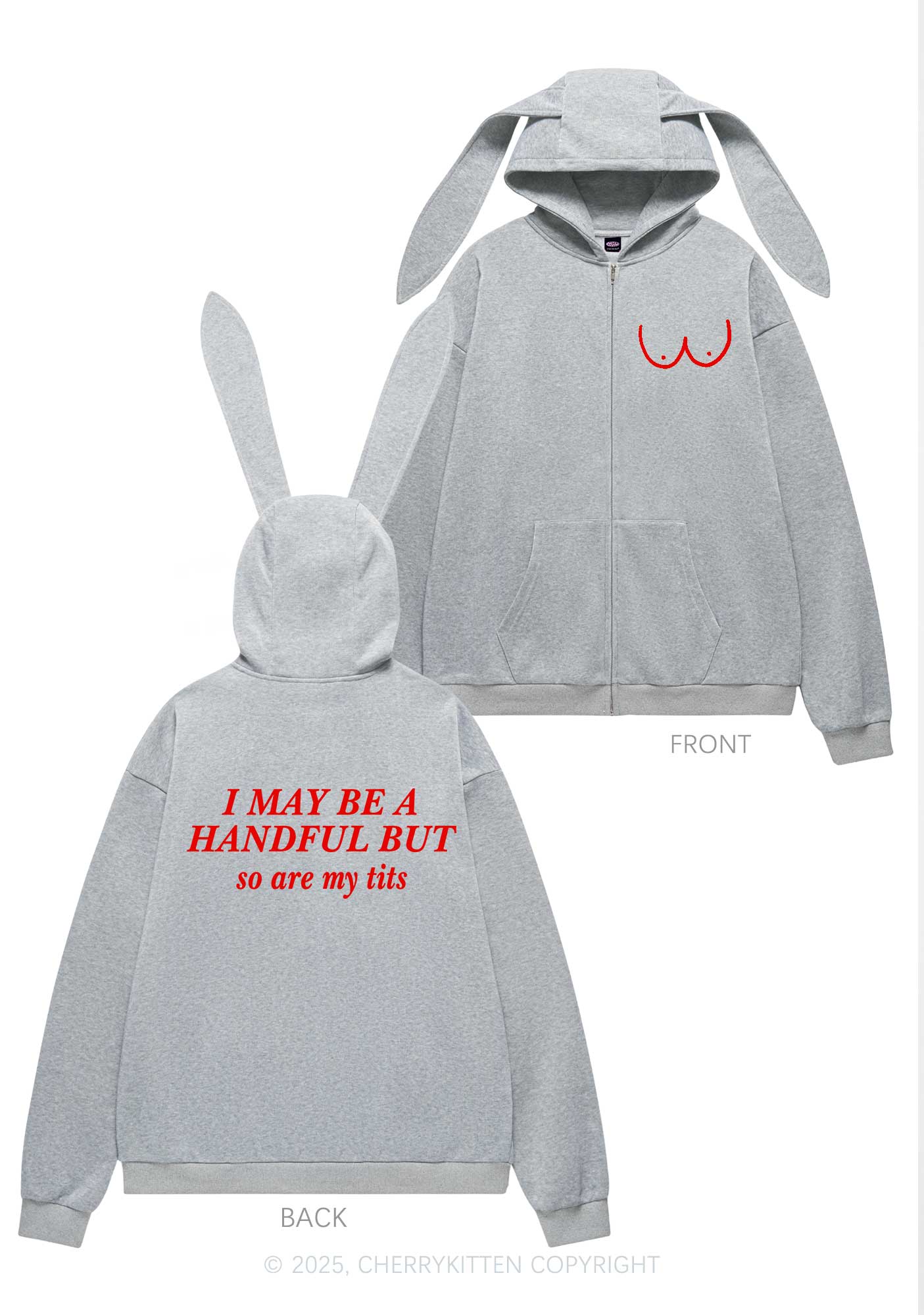 I May Be A Handful Y2K Bunny Ear Zip Hoodie Cherrykitten - Image 5