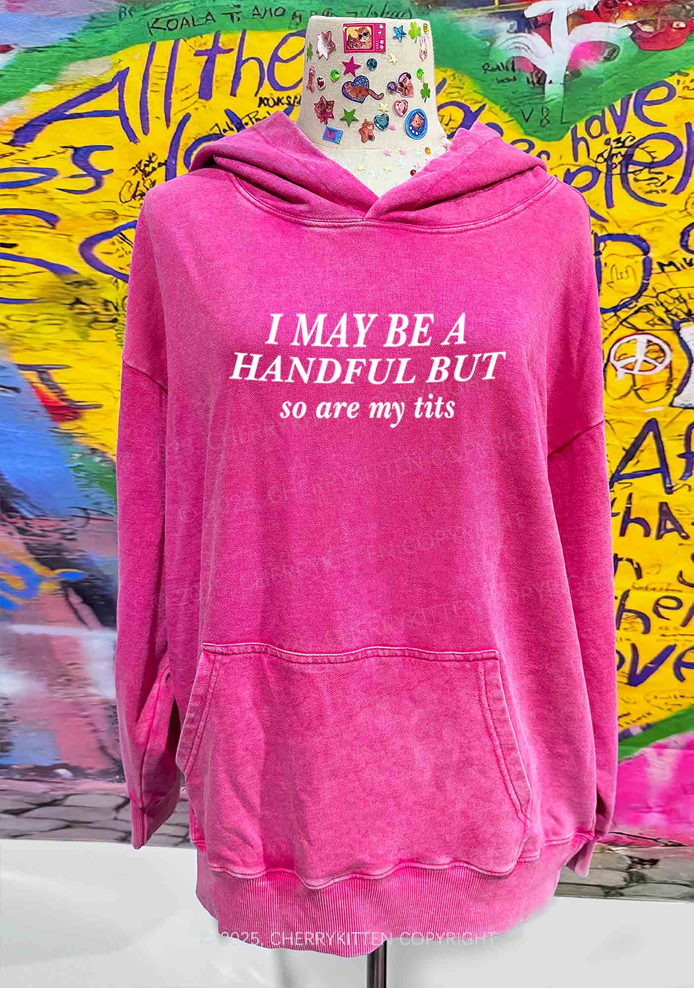 I May Be A Handful Y2K Washed Hoodie Cherrykitten - Image 2