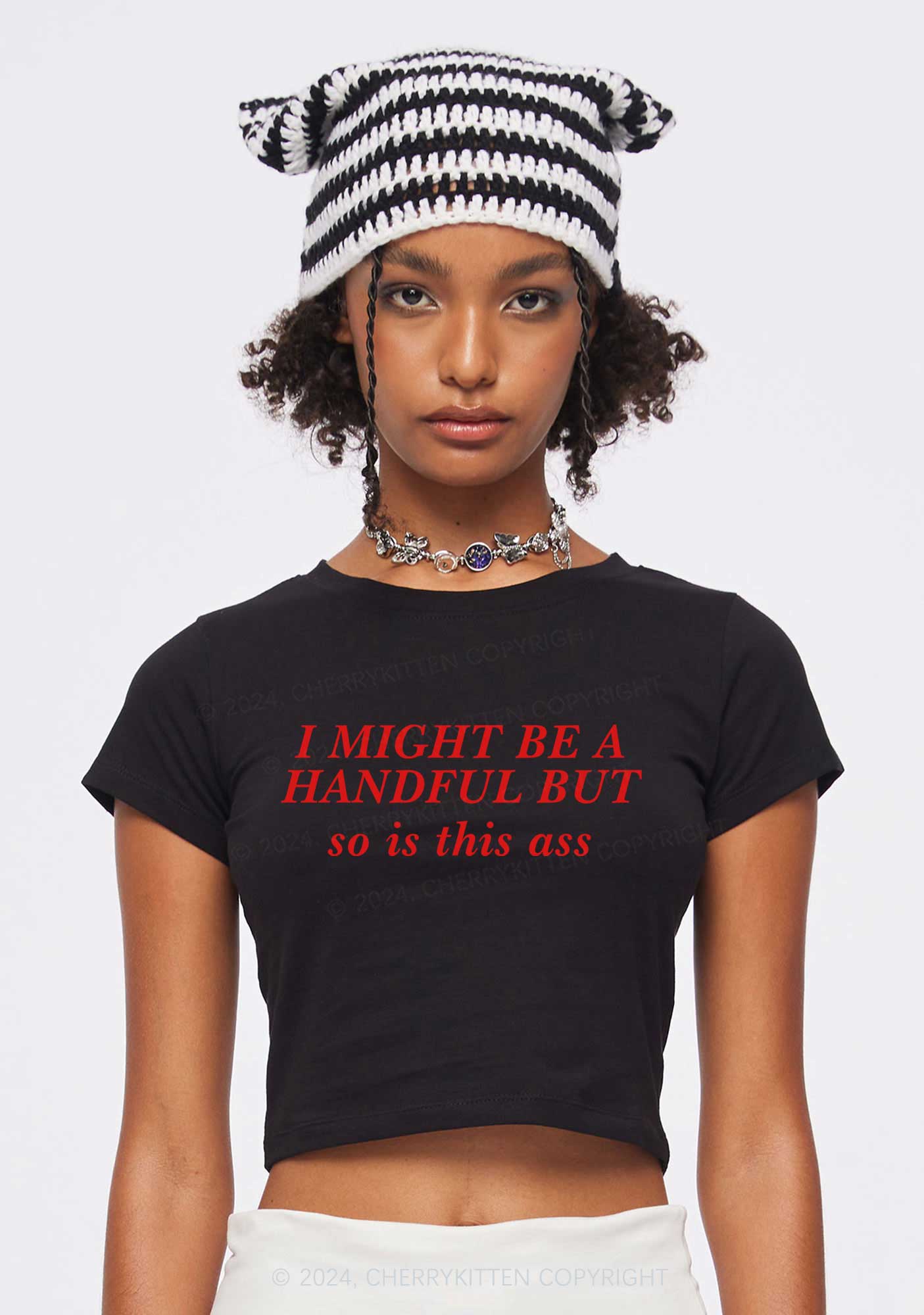 I Might Be Handful Y2K Baby Tee Cherrykitten - Image 2
