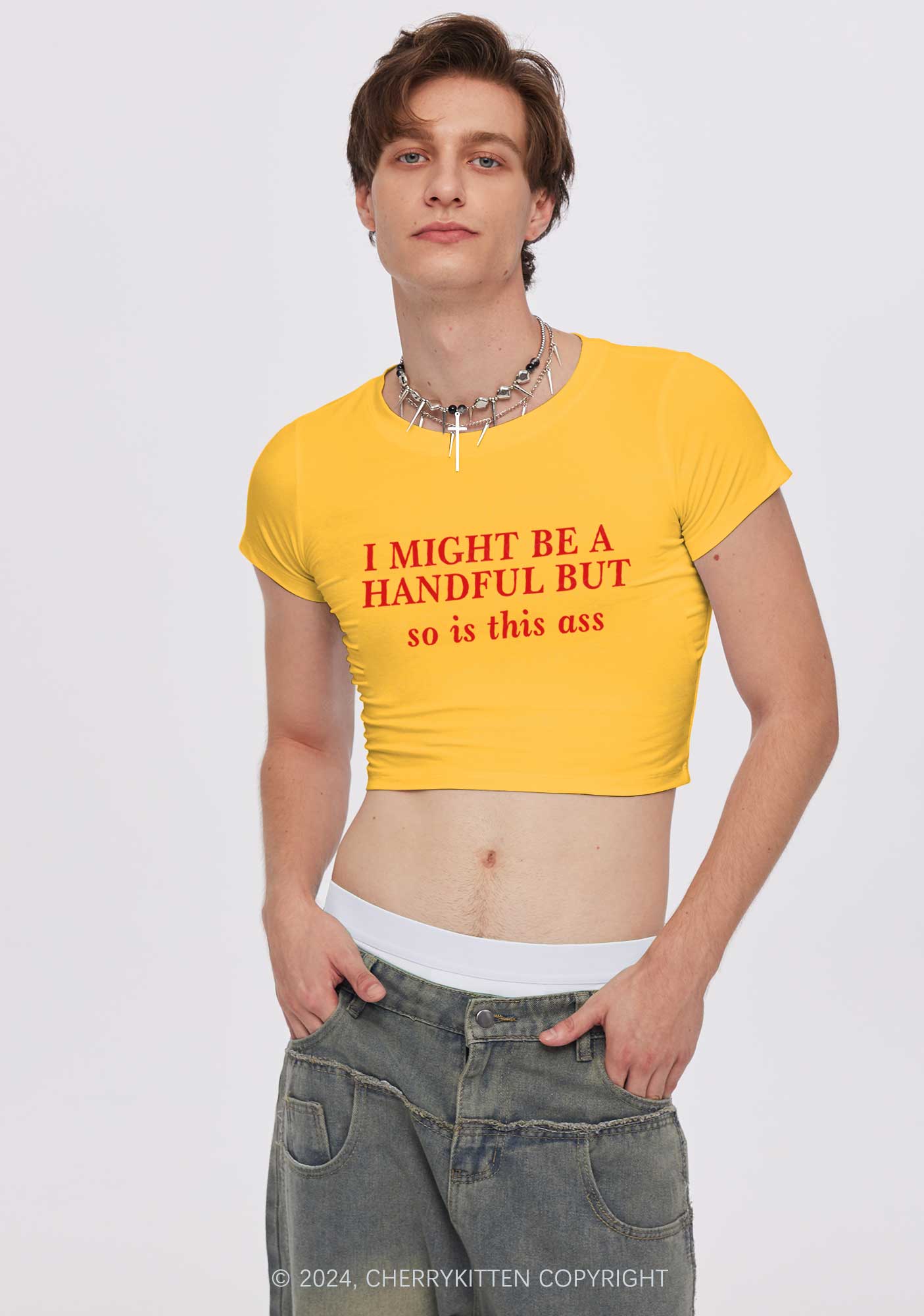 I Might Be Handful Y2K Baby Tee Cherrykitten - Image 3