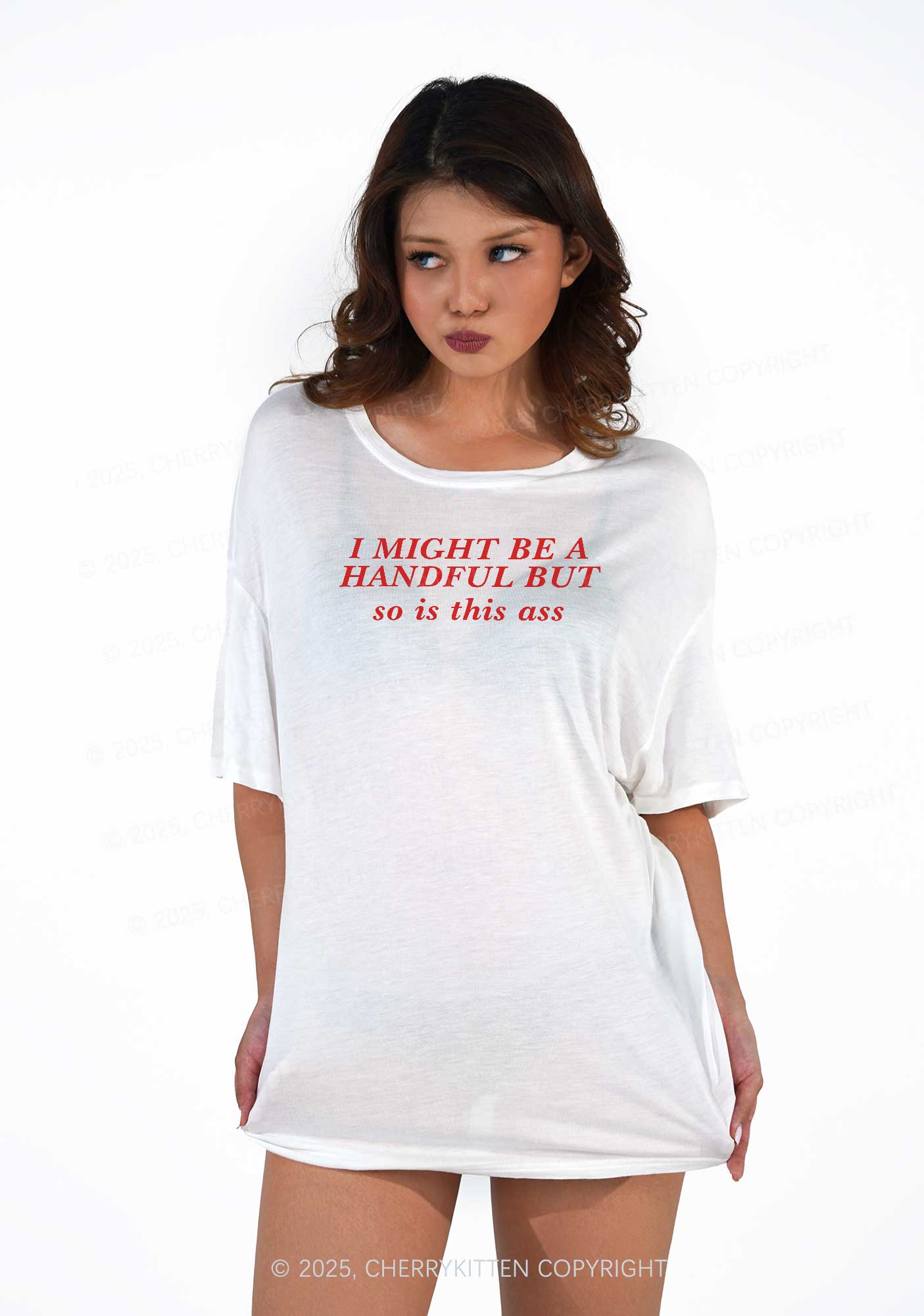 I Might Be Handful Y2K Sheer Boyfriend Tee Cherrykitten - Image 2