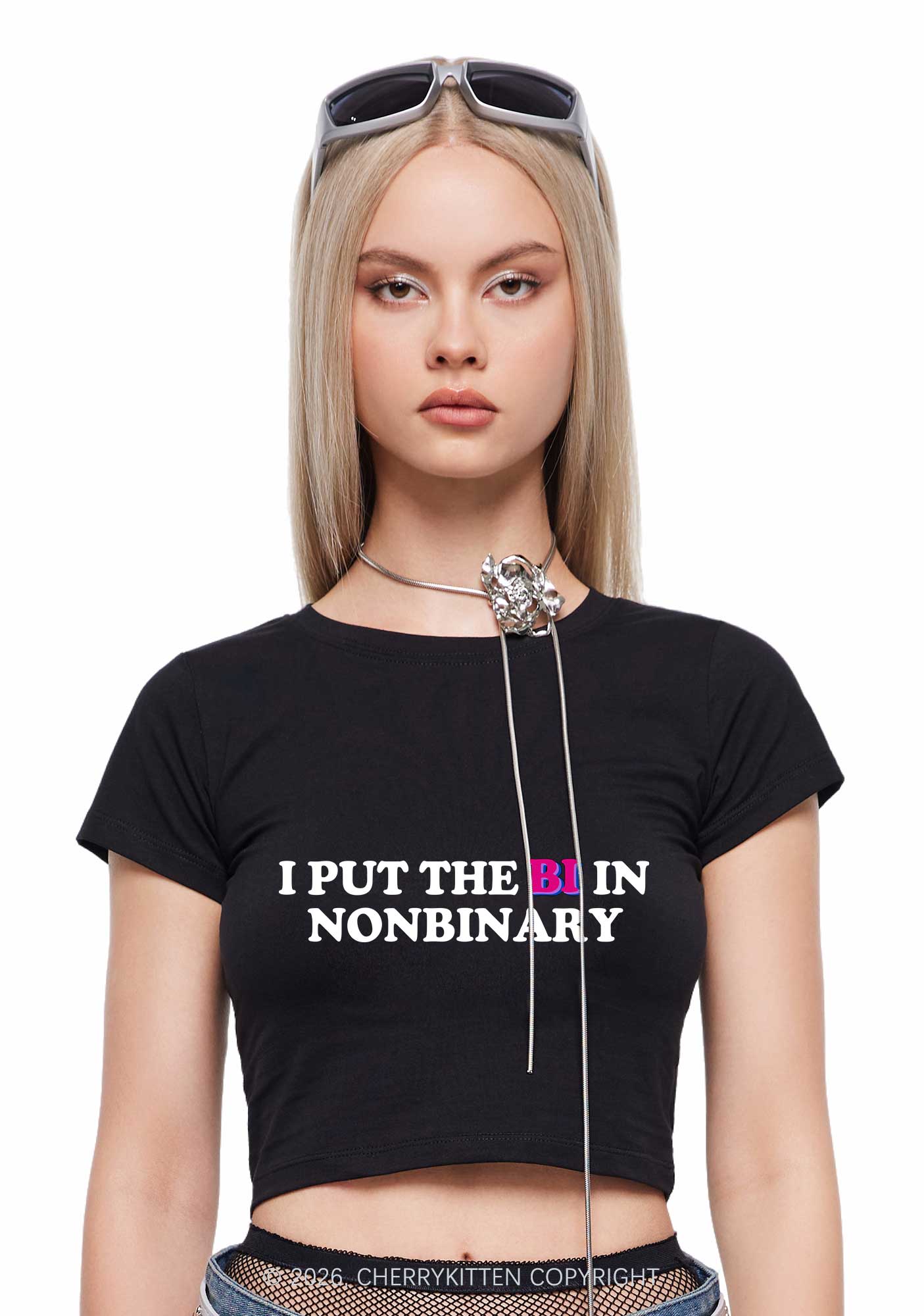 I Put The Bi In Nonbinary Pride Y2K Baby Tee Cherrykitten - Image 2