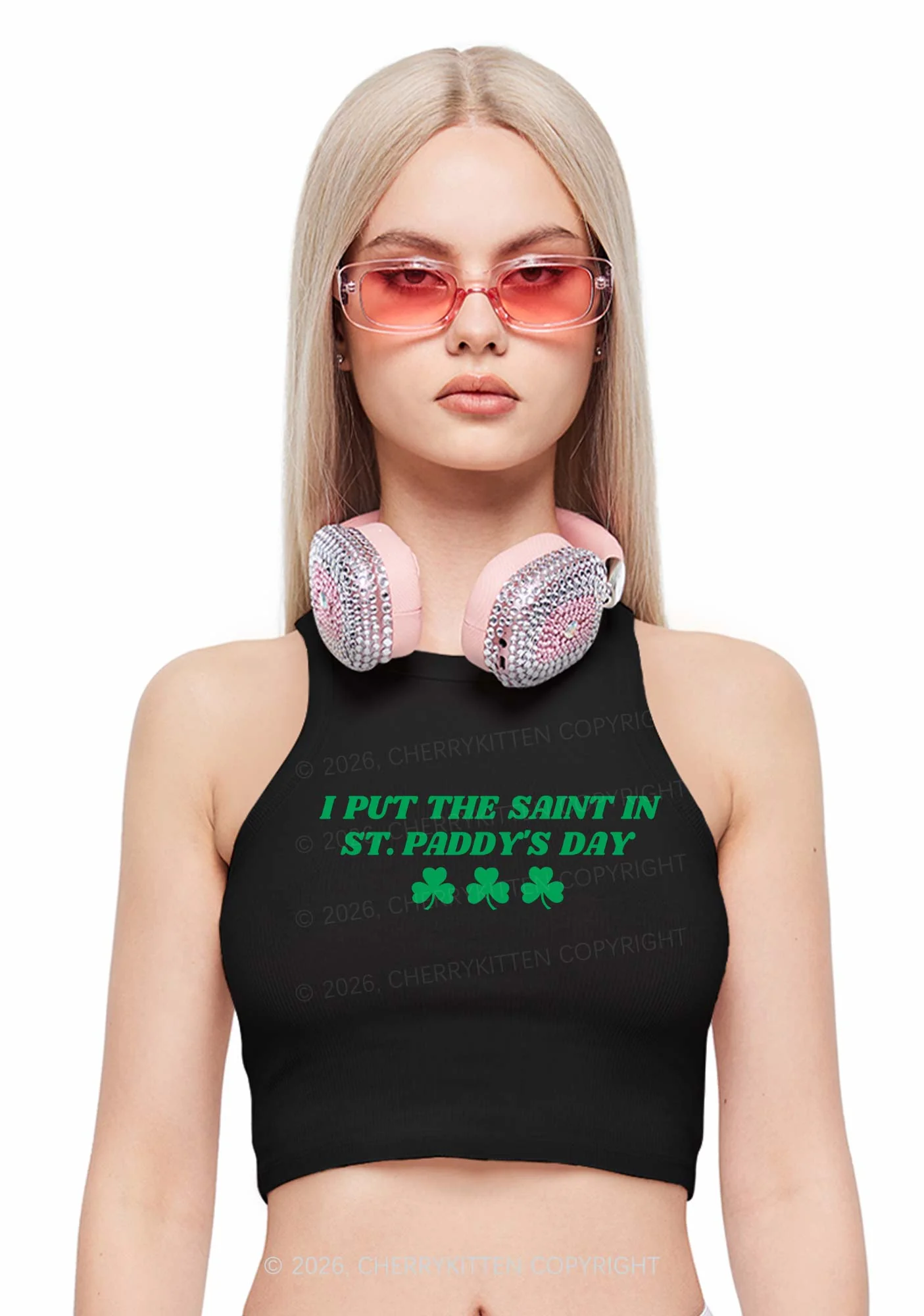 I Put The Saint In St Patricks Y2K Crop Tank Top Cherrykitten - Image 2