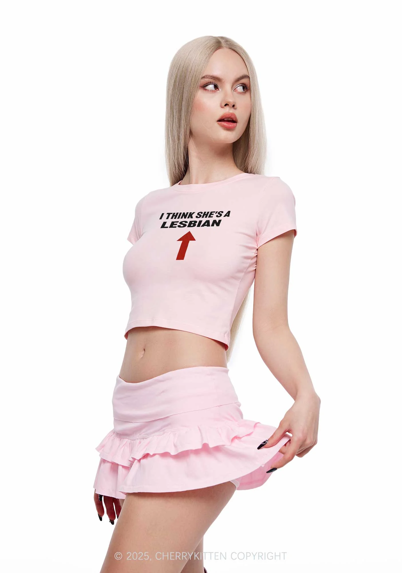 I Think She's A Lesbian Y2K Baby Tee Cherrykitten - Image 2