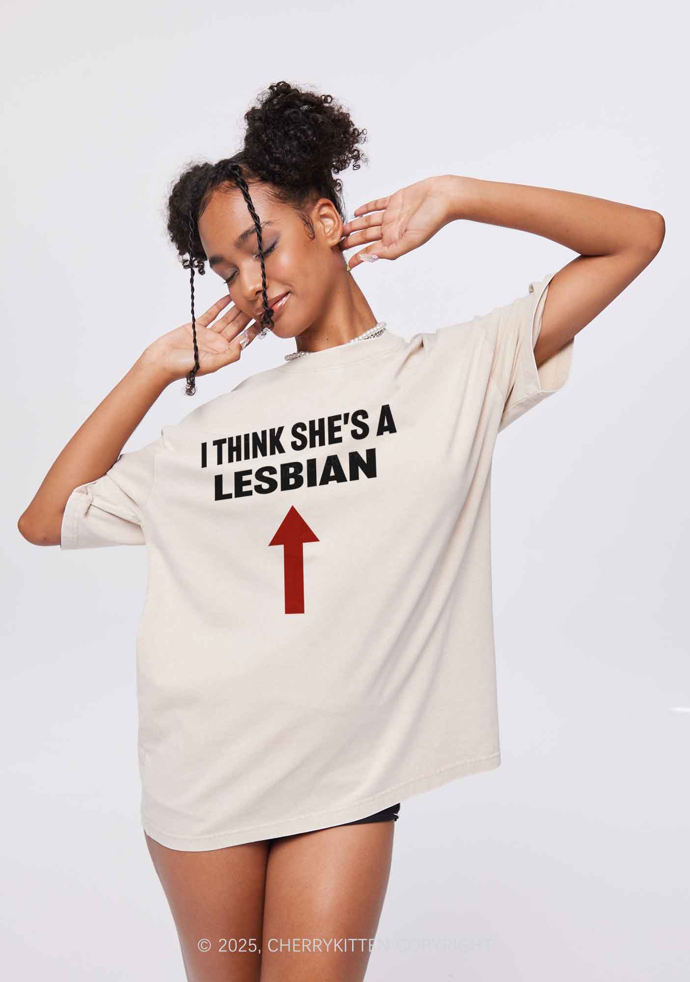 I Think She's A Lesbian Y2K Shirts Washed Tee Cherrykitten - Image 2