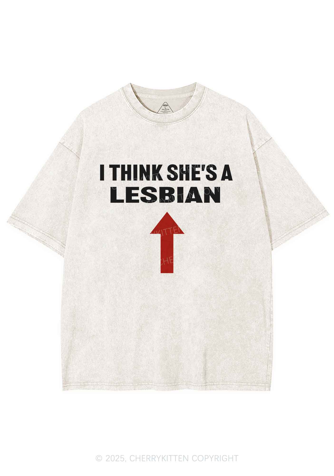 I Think She's A Lesbian Y2K Shirts Washed Tee Cherrykitten - Image 3