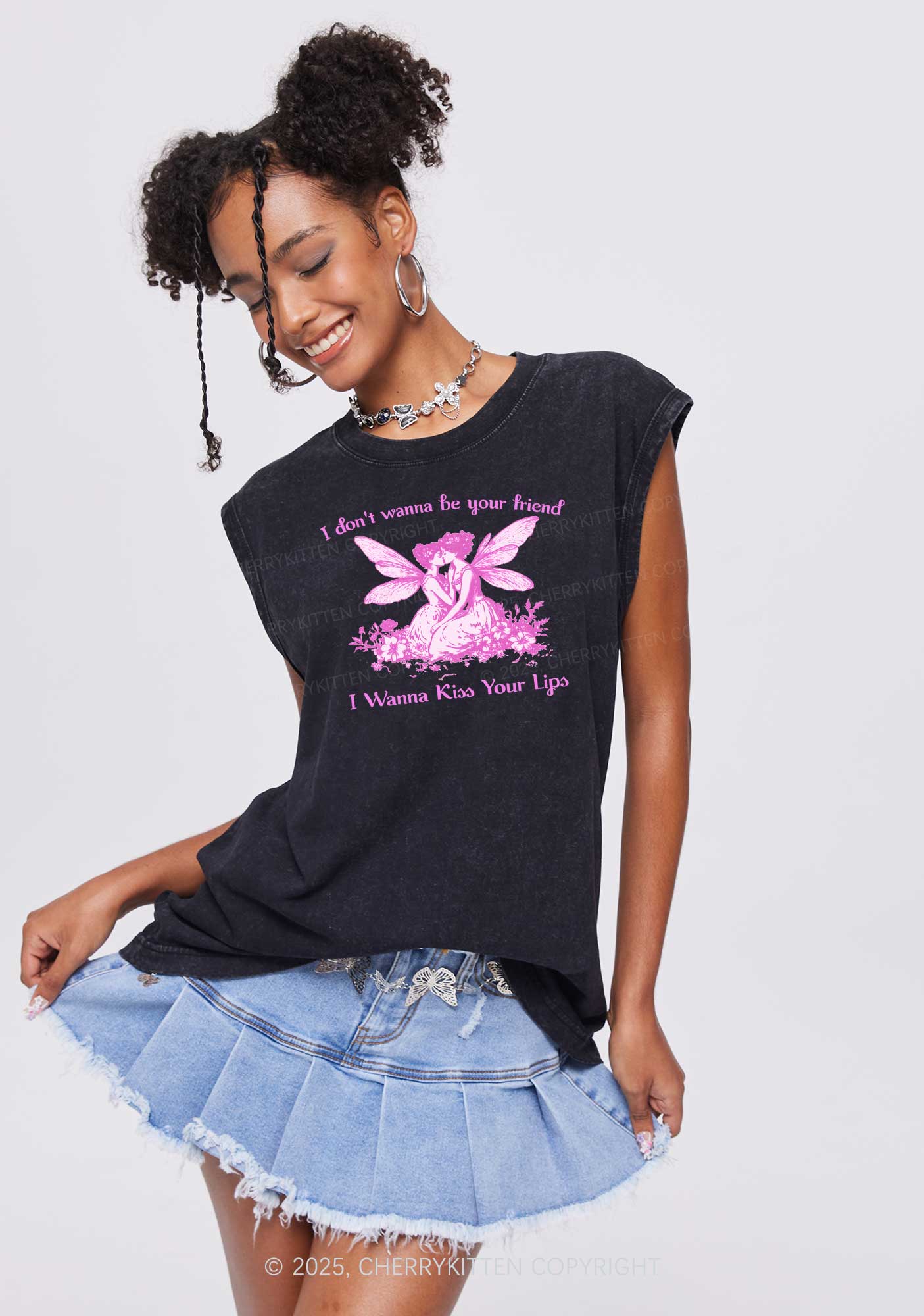 I Wanna Kiss Your Lips Pride Y2K Washed Muscle Tank Cherrykitten - Image 2