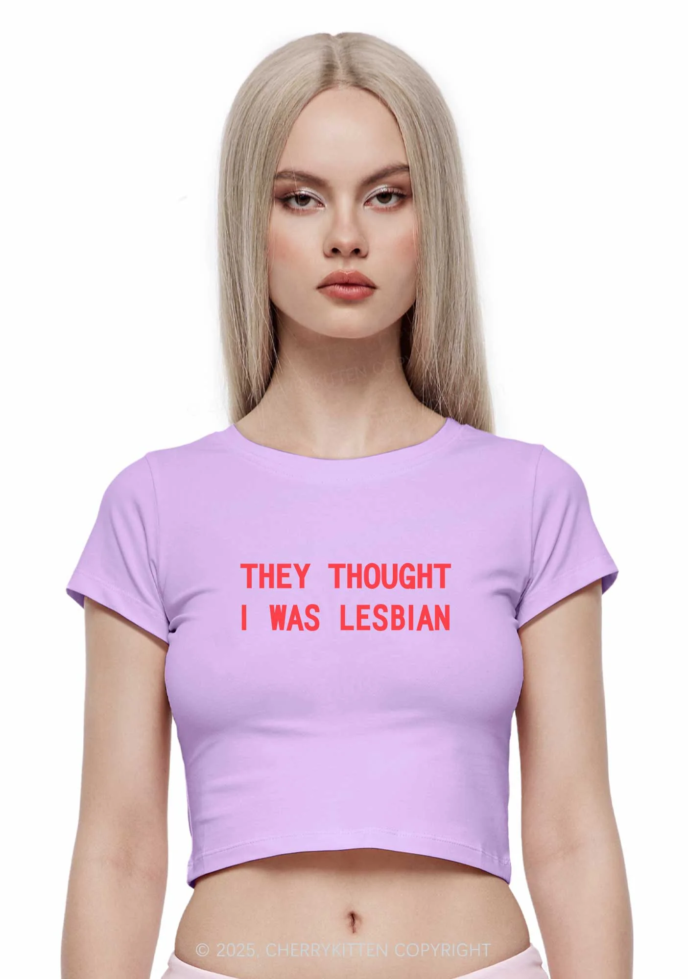 I Was Lesbian Two Sides Pride Y2K Baby Tee Cherrykitten - Image 2