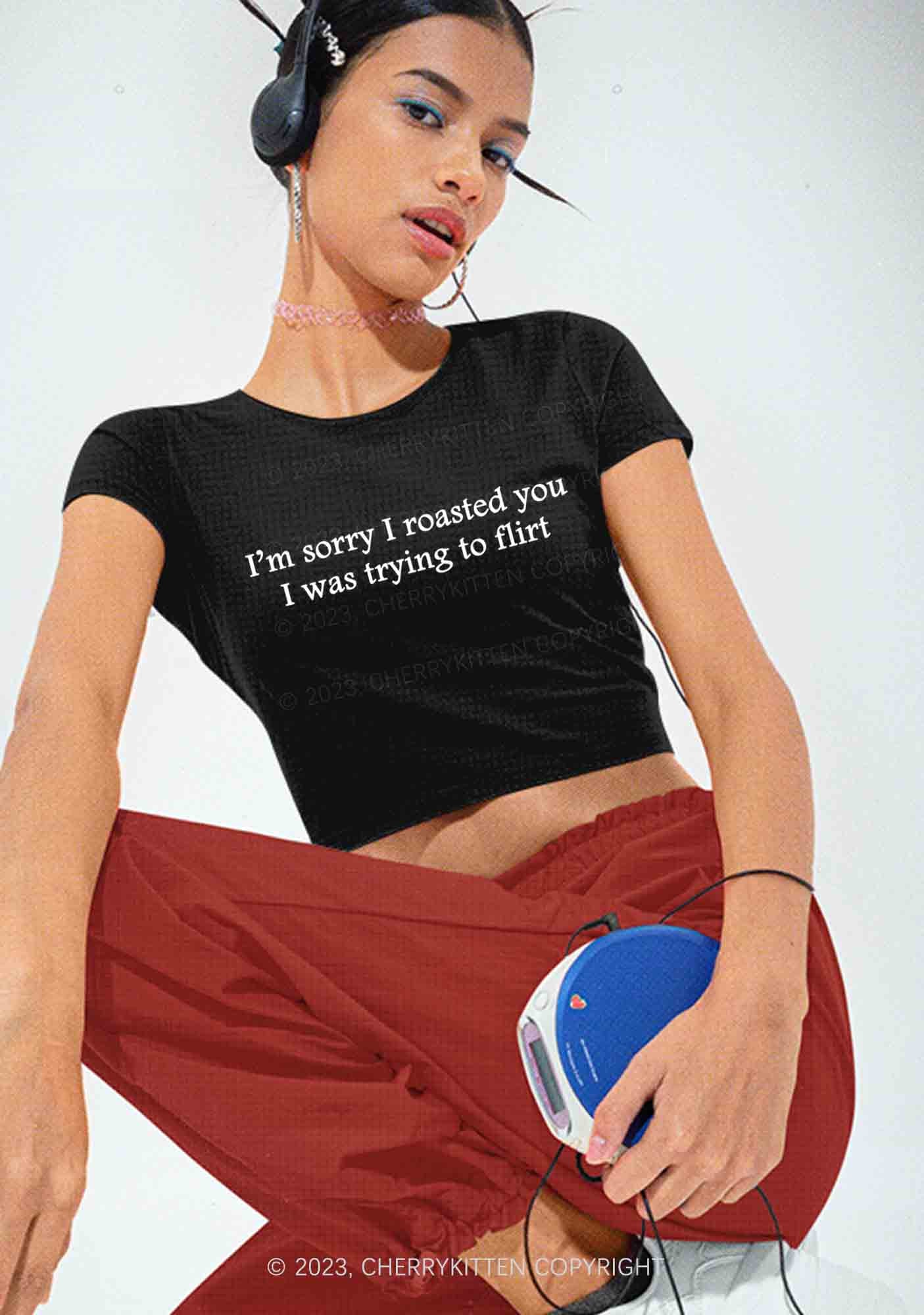 I Was Trying To Flirt Y2K Baby Tee Cherrykitten - Image 2