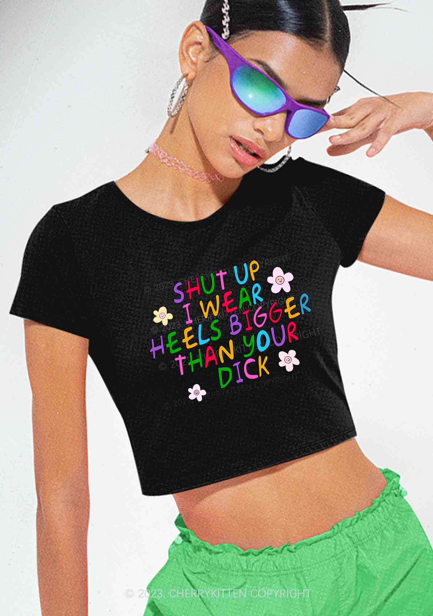 I Wear Heels Bigger Than Your Y2K Baby Tee Cherrykitten - Image 2