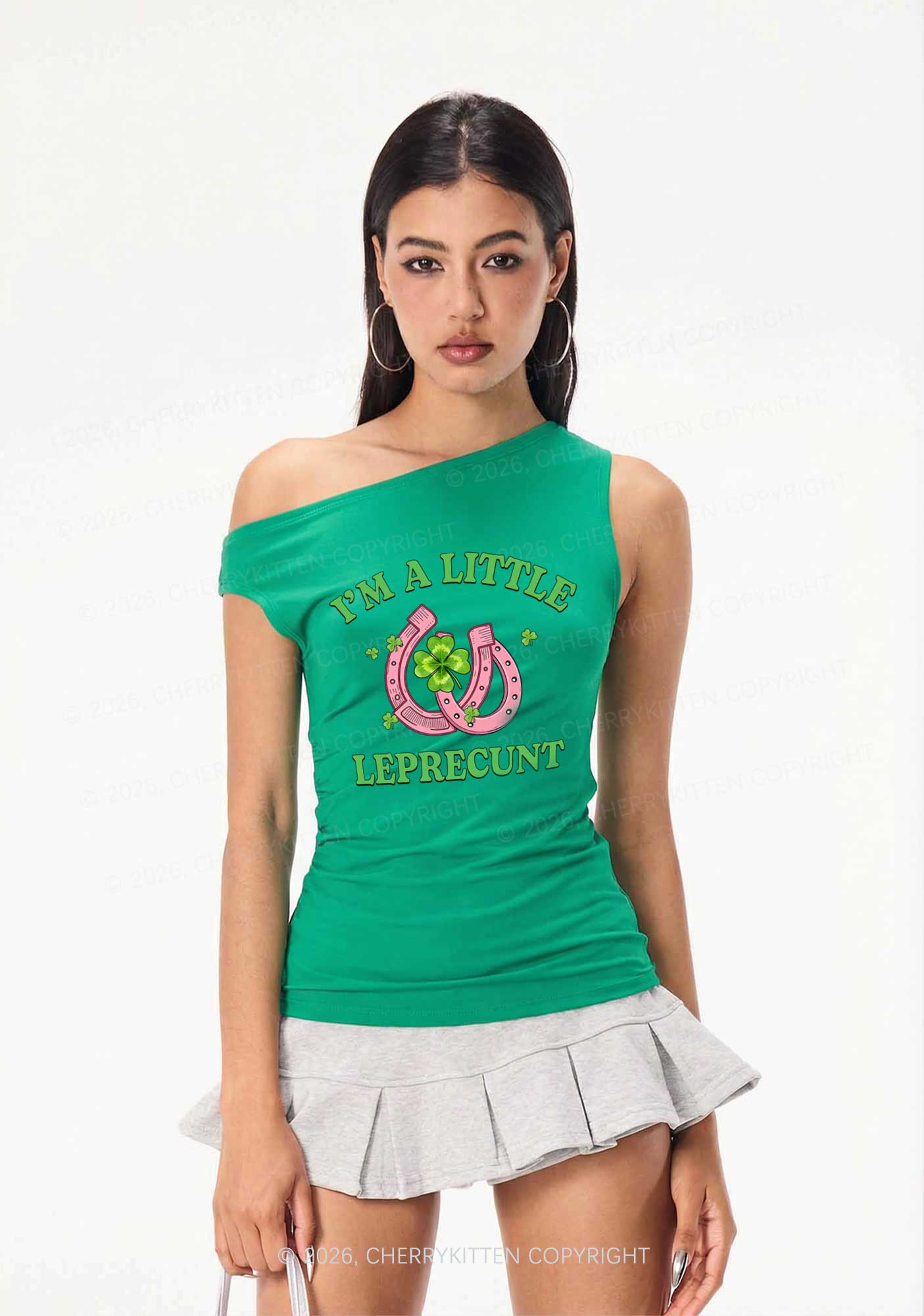 Im A Little Leprecxxt St Patricks Y2K Off Shoulder Tank Top Cherrykitten - Image 2