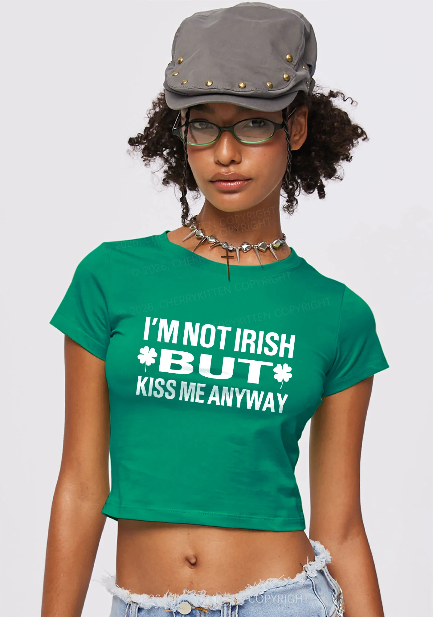 Im Not Irish But Kiss Me St Patricks Y2K Baby Tee Cherrykitten - Image 2