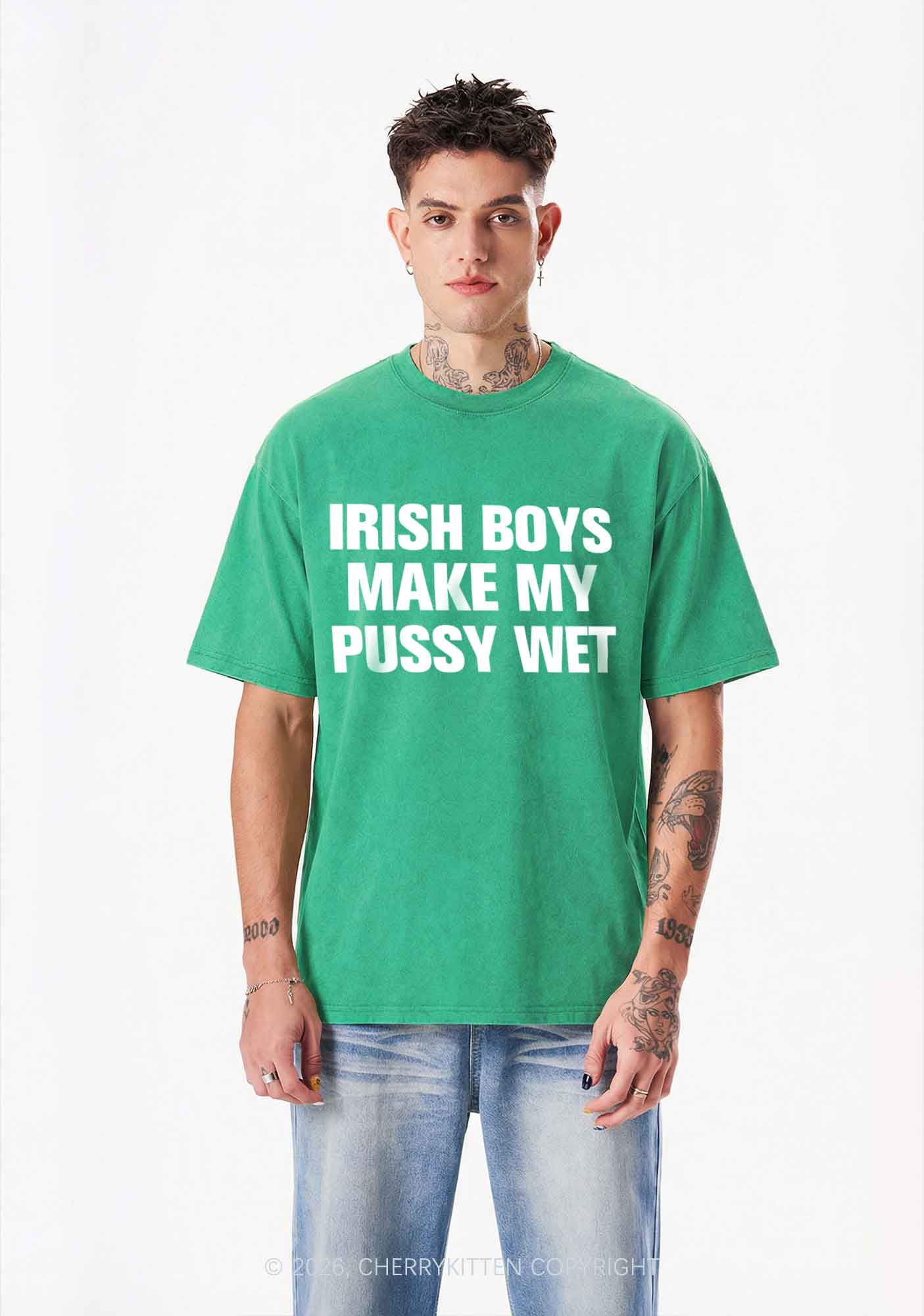 Irish Boys Make My Puxxy Wet St Patricks Y2K Shirts Washed Tee Cherrykitten - Image 2