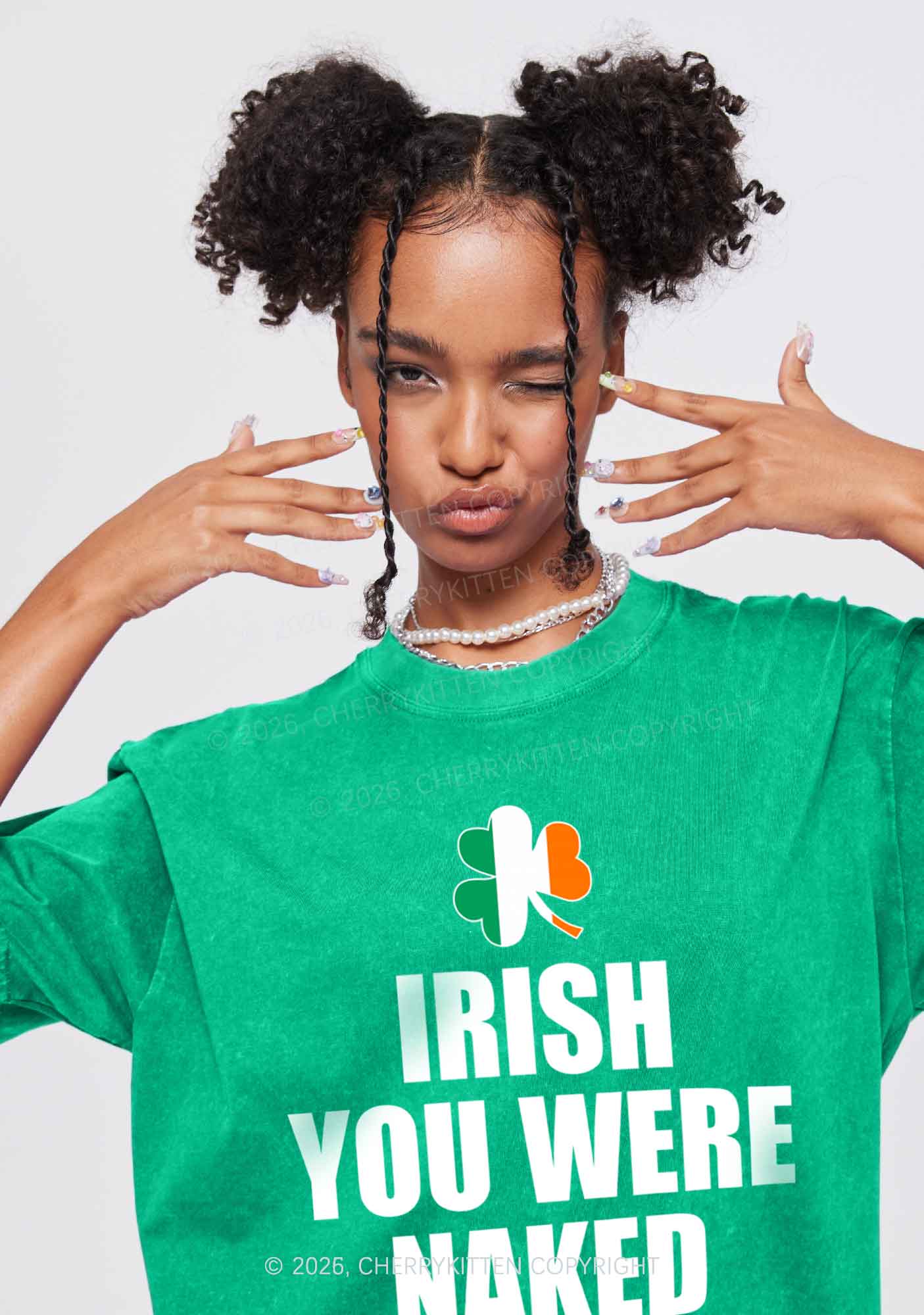 Irish You Were Naked St Patricks Y2K Shirts Washed Tee Cherrykitten - Image 2