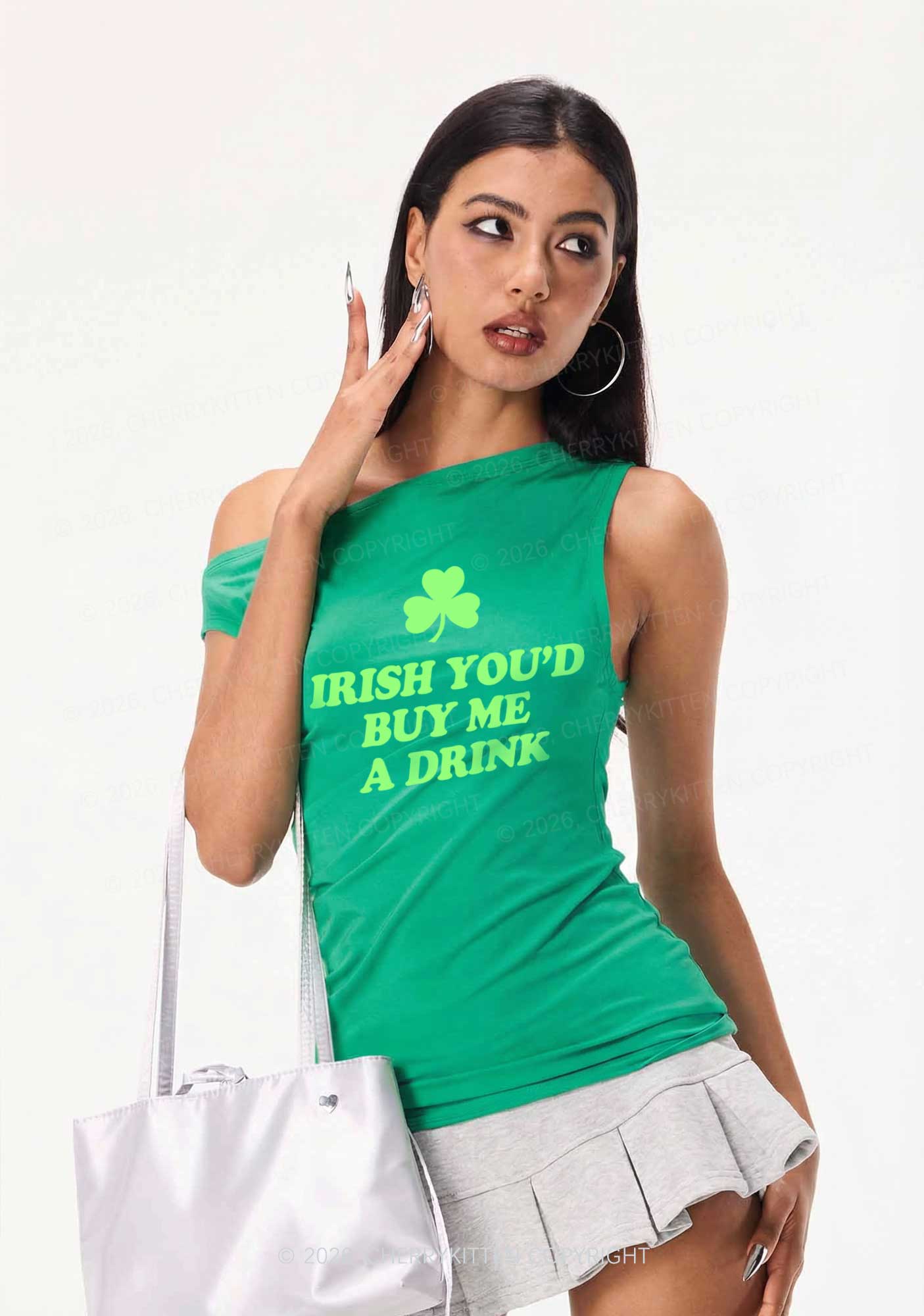 Irish Youd Buy Me A Drink St Patricks Y2K Off Shoulder Tank Top Cherrykitten - Image 2