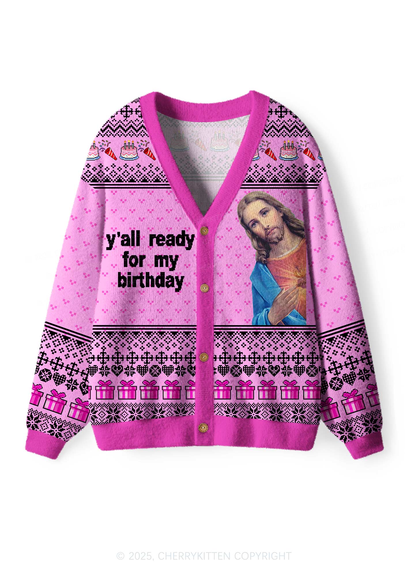 Jesus Birthday Y2K Christmas Cardigan Knit Sweatshirt Cherrykitten - Image 2