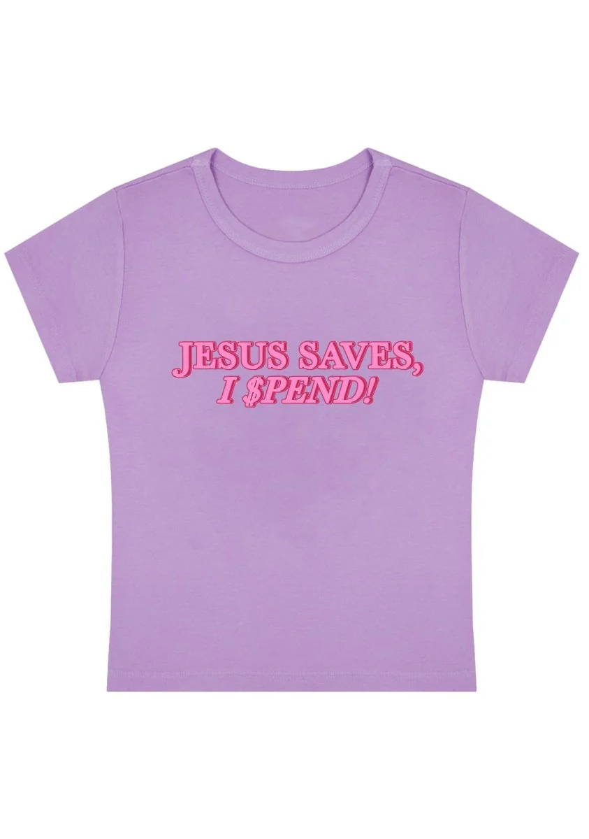 Jesus Saves I Spend Y2K Baby Tee - Image 2