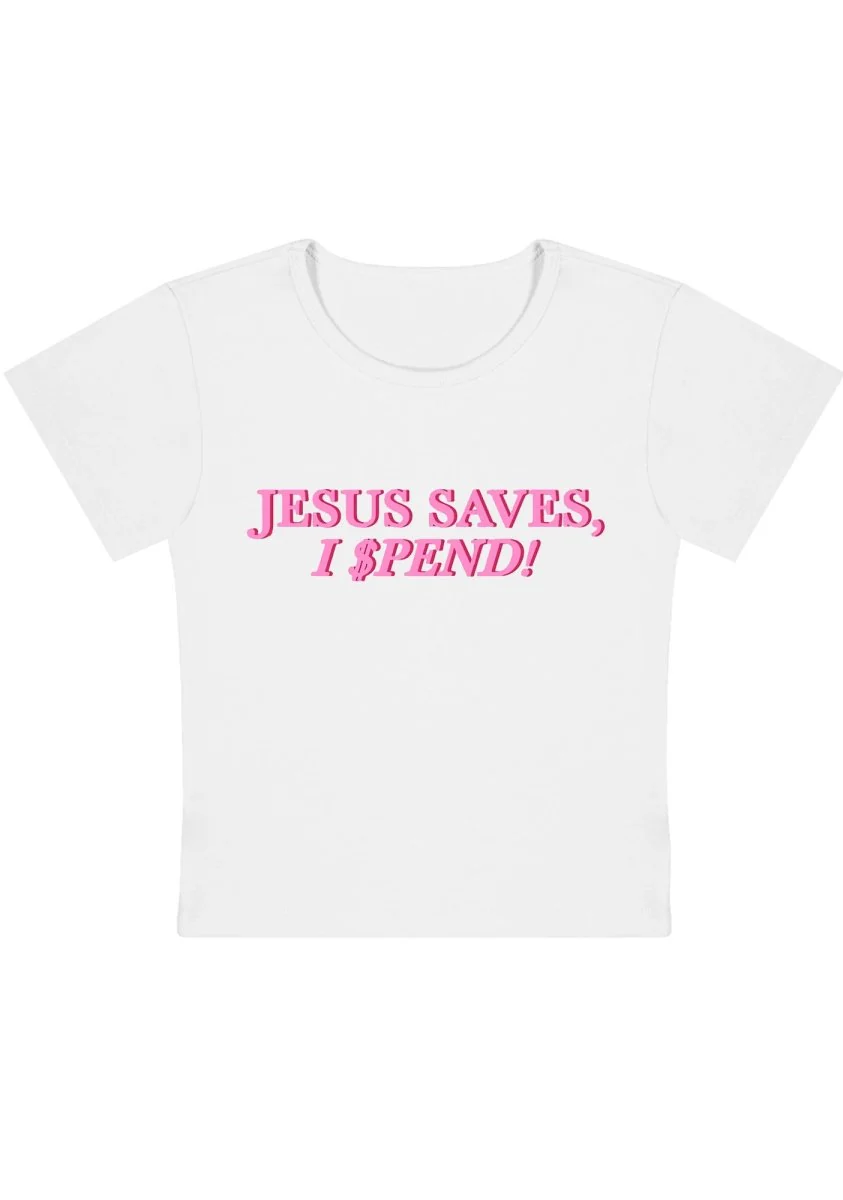 Jesus Saves I Spend Y2K Baby Tee - Image 4