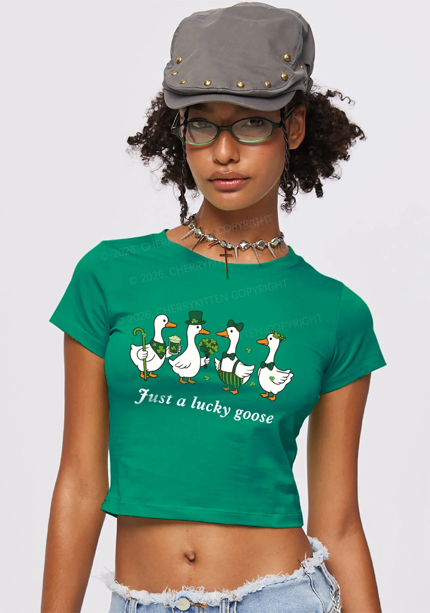 Just A Lucky Goose St Patricks Y2K Baby Tee Cherrykitten - Image 2
