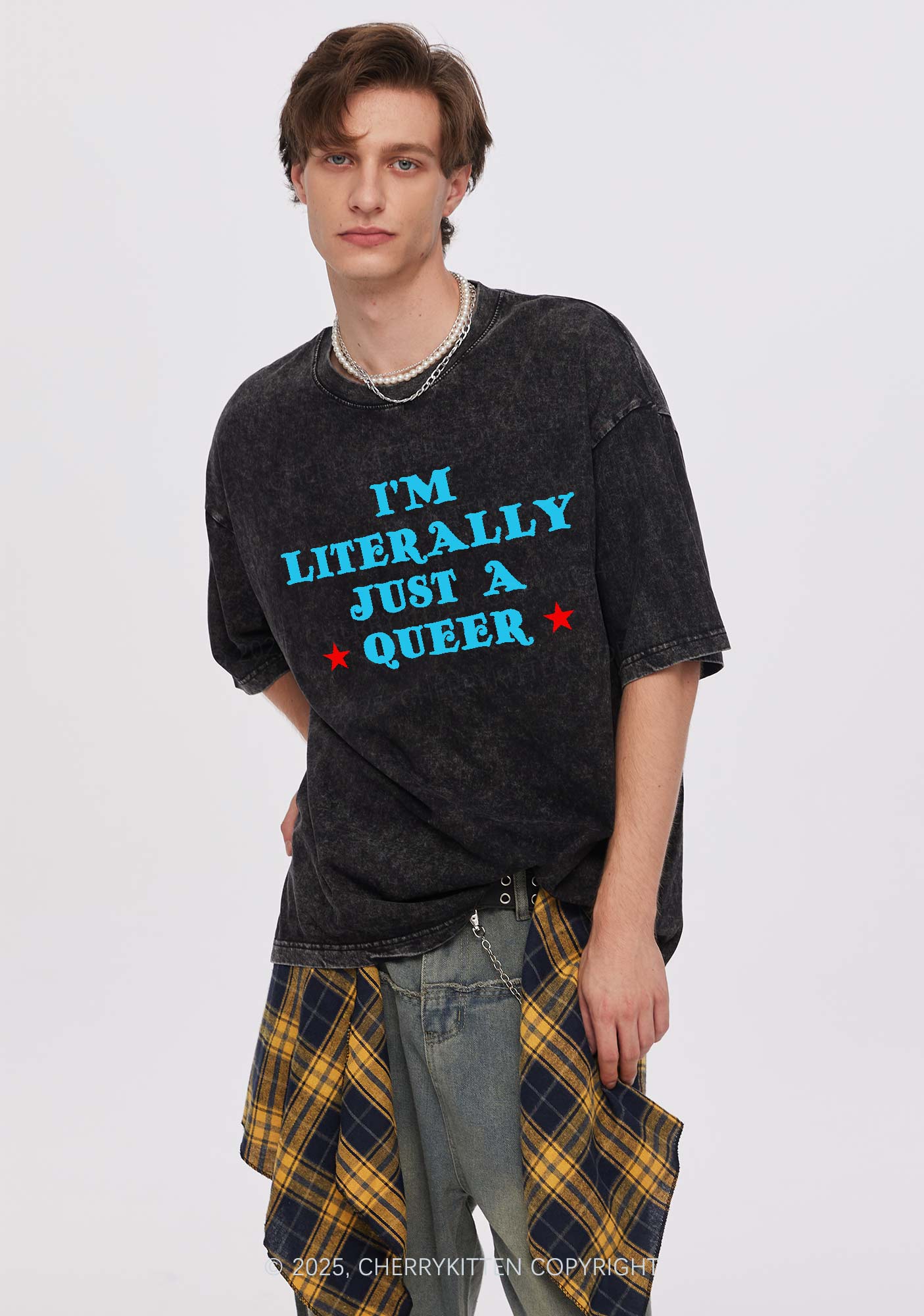 Just A Queer Pride Y2K Shirts Washed Tee Cherrykitten - Image 2