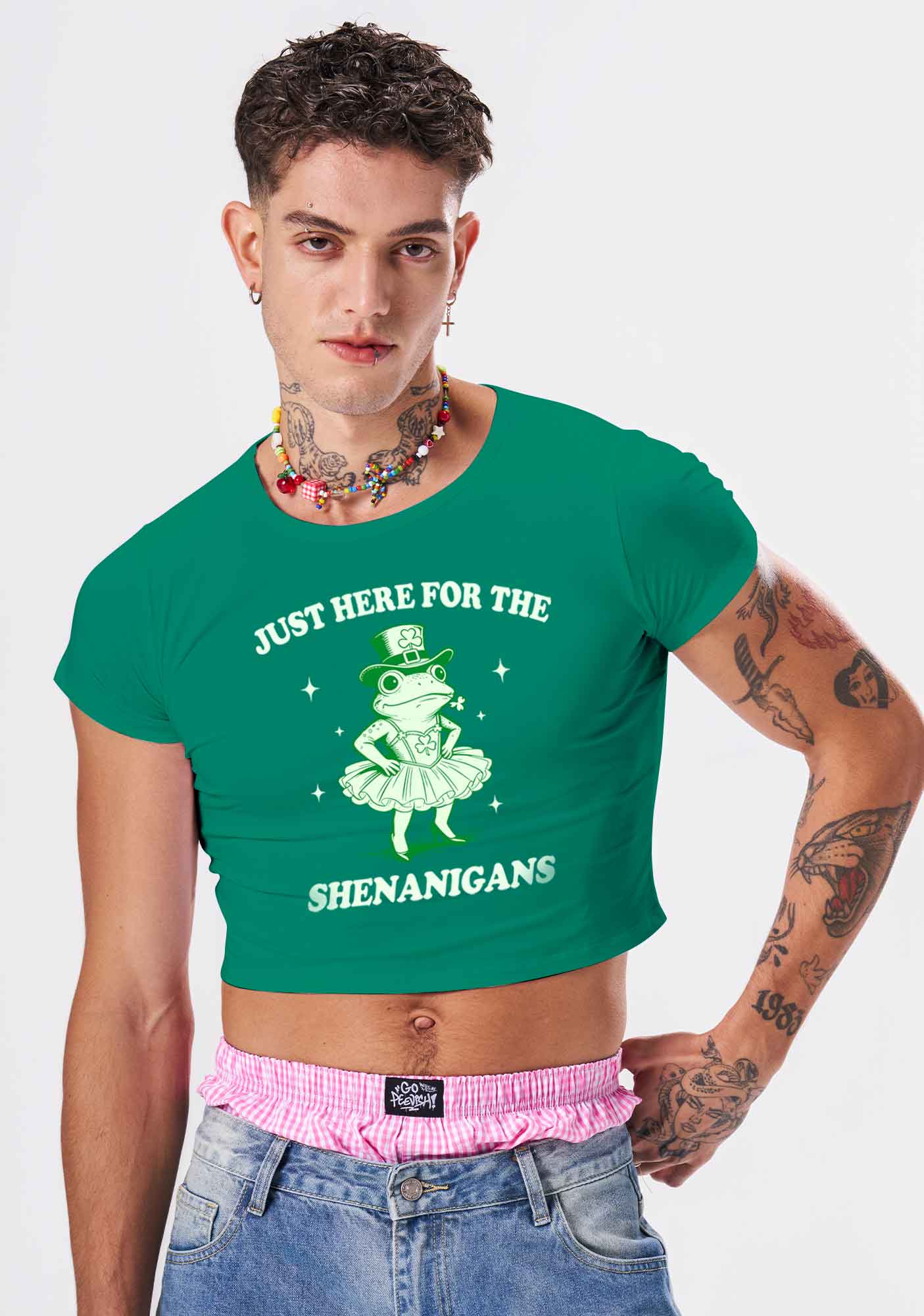 Just Here For The Shenanigans St Patricks Y2K Baby Tee Cherrykitten - Image 2